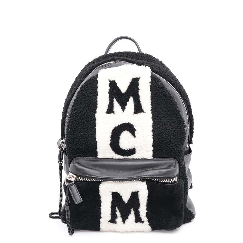 MCM Logo Backpack Black/White Mouton Leather