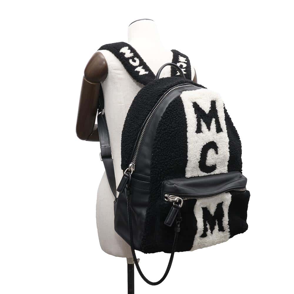 MCM Logo Backpack Black/White Mouton Leather