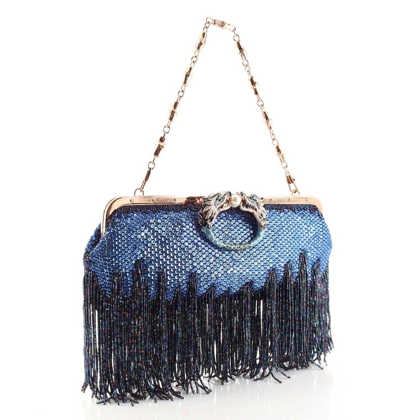Fringe Jeweled Dragon Chain Clutch Crystal Embellished Satin