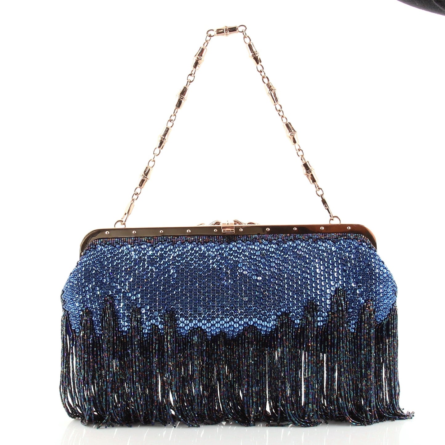 Fringe Jeweled Dragon Chain Clutch Crystal Embellished Satin