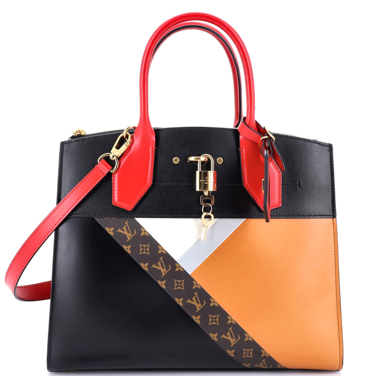 City Steamer Handbag Leather with Monogram Canvas MM
