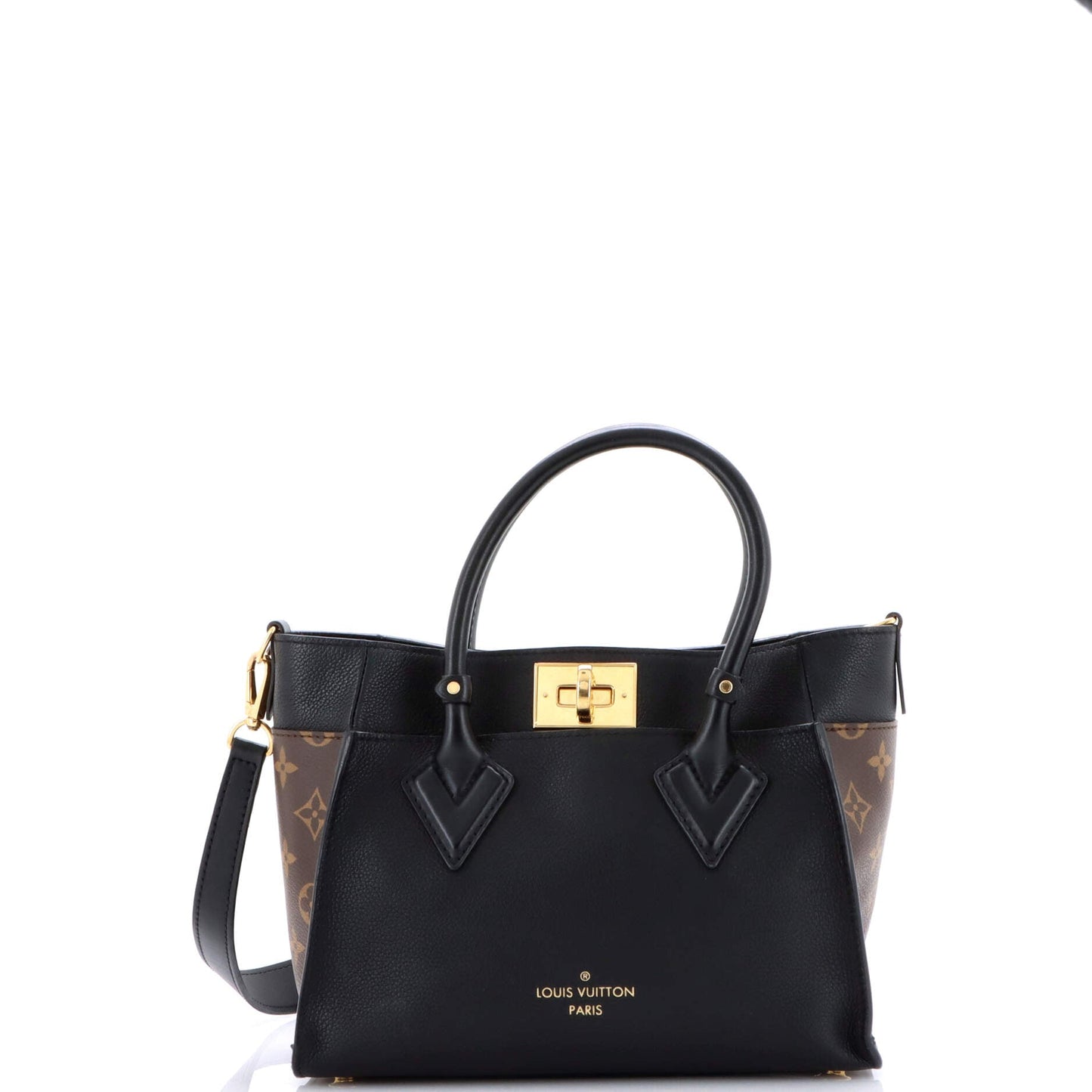 On My Side Tote Leather with Monogram Canvas PM