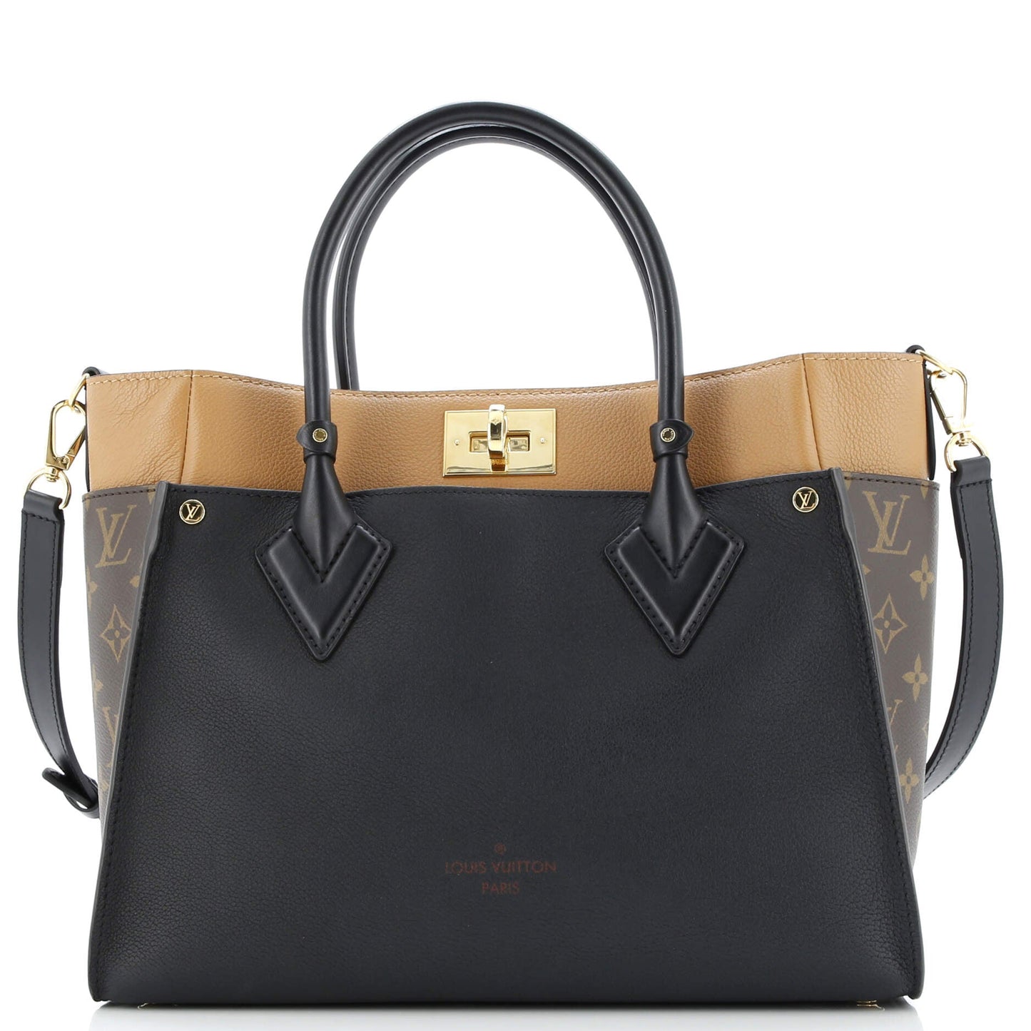 On My Side Tote Leather with Monogram Canvas MM