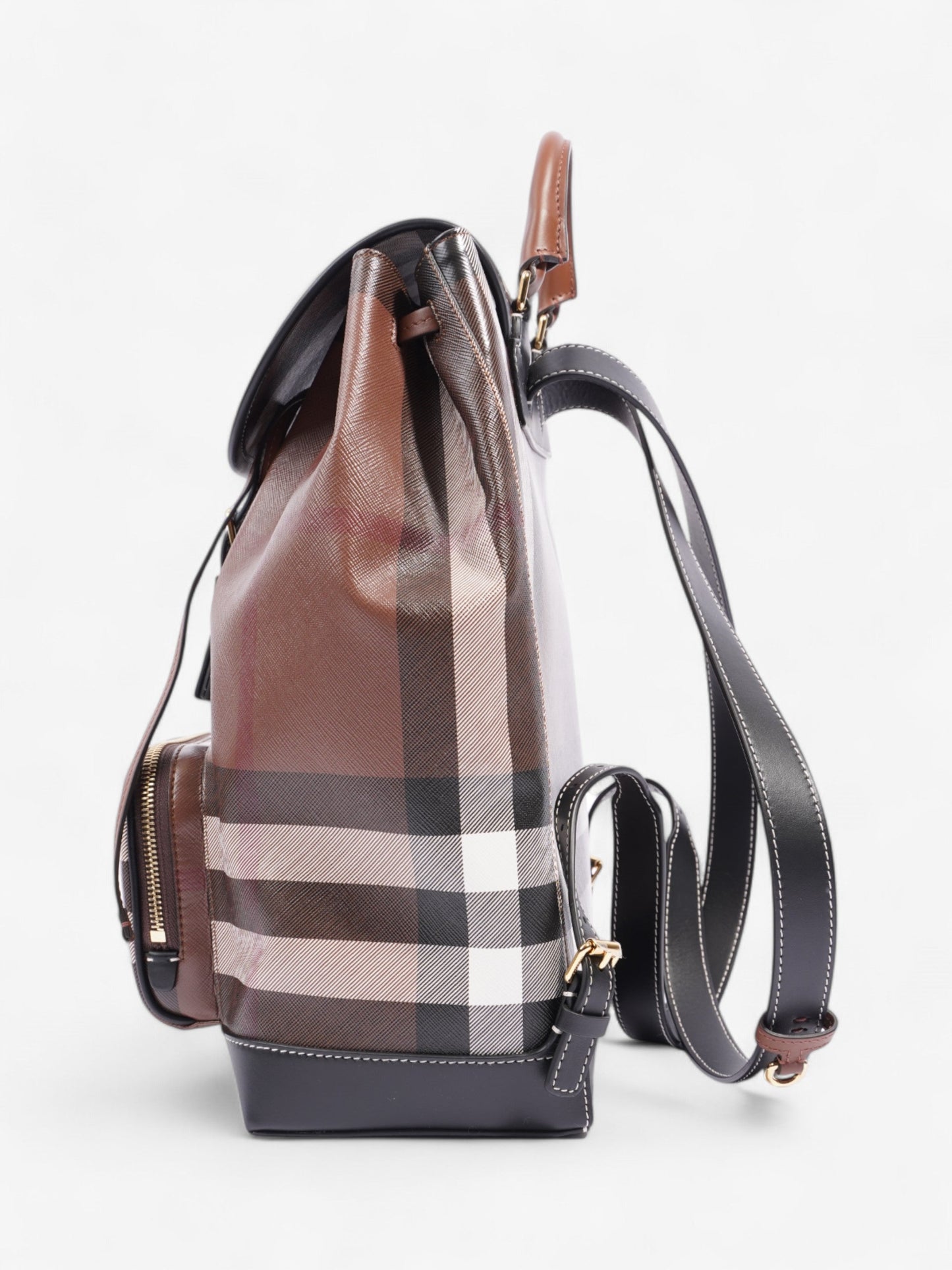 Burberry Check Backpack Dark Birch Brown / Black Coated Canvas Medium