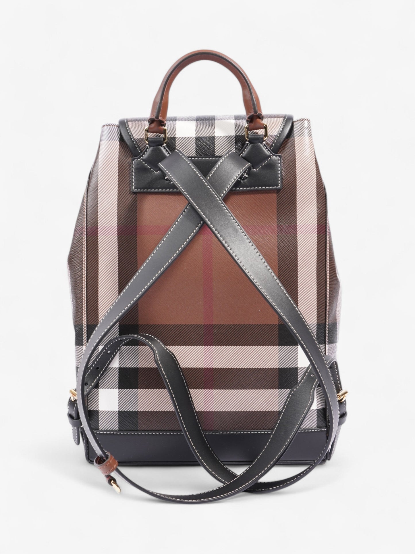 Burberry Check Backpack Dark Birch Brown / Black Coated Canvas Medium