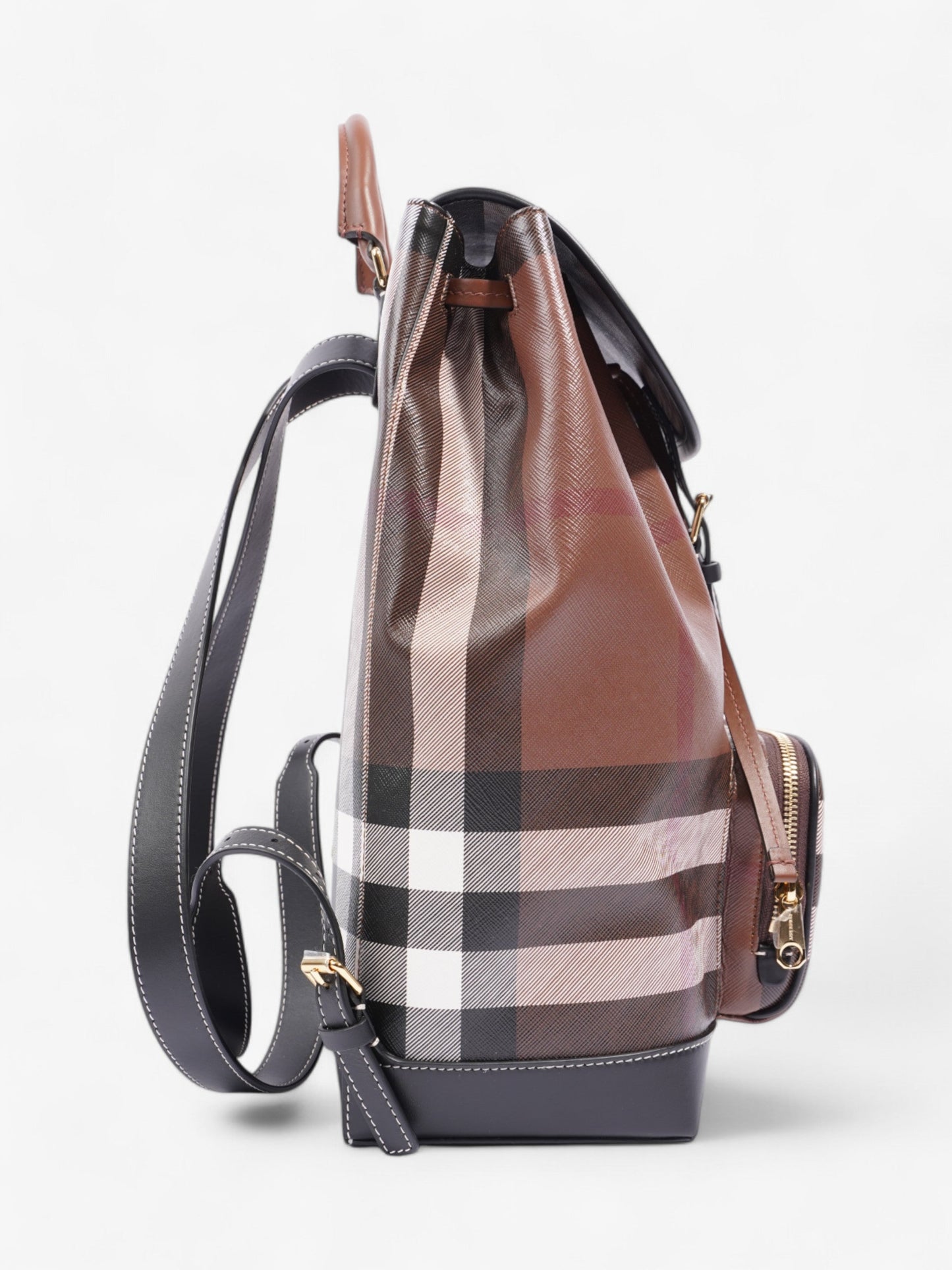 Burberry Check Backpack Dark Birch Brown / Black Coated Canvas Medium