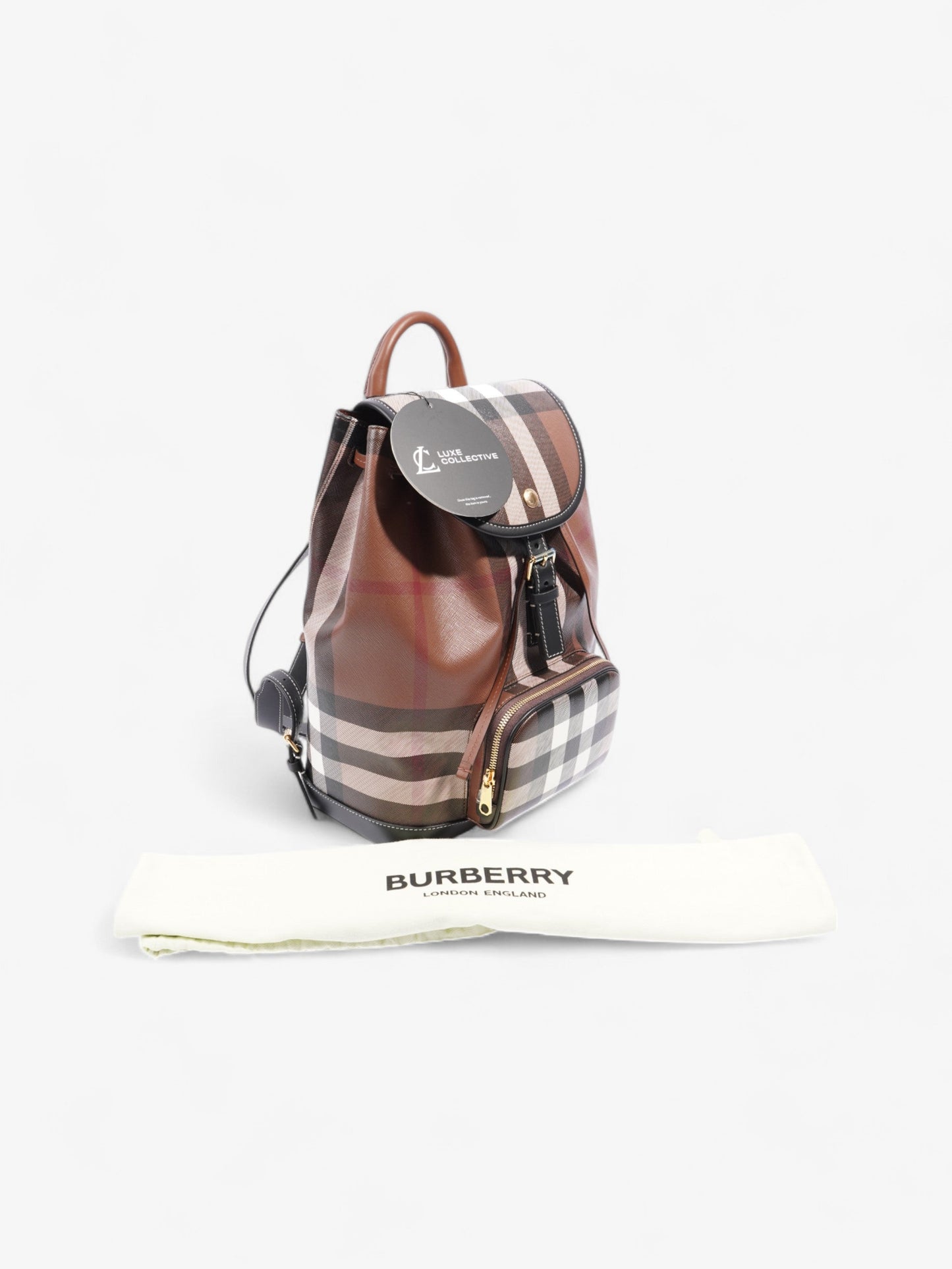 Burberry Check Backpack Dark Birch Brown / Black Coated Canvas Medium