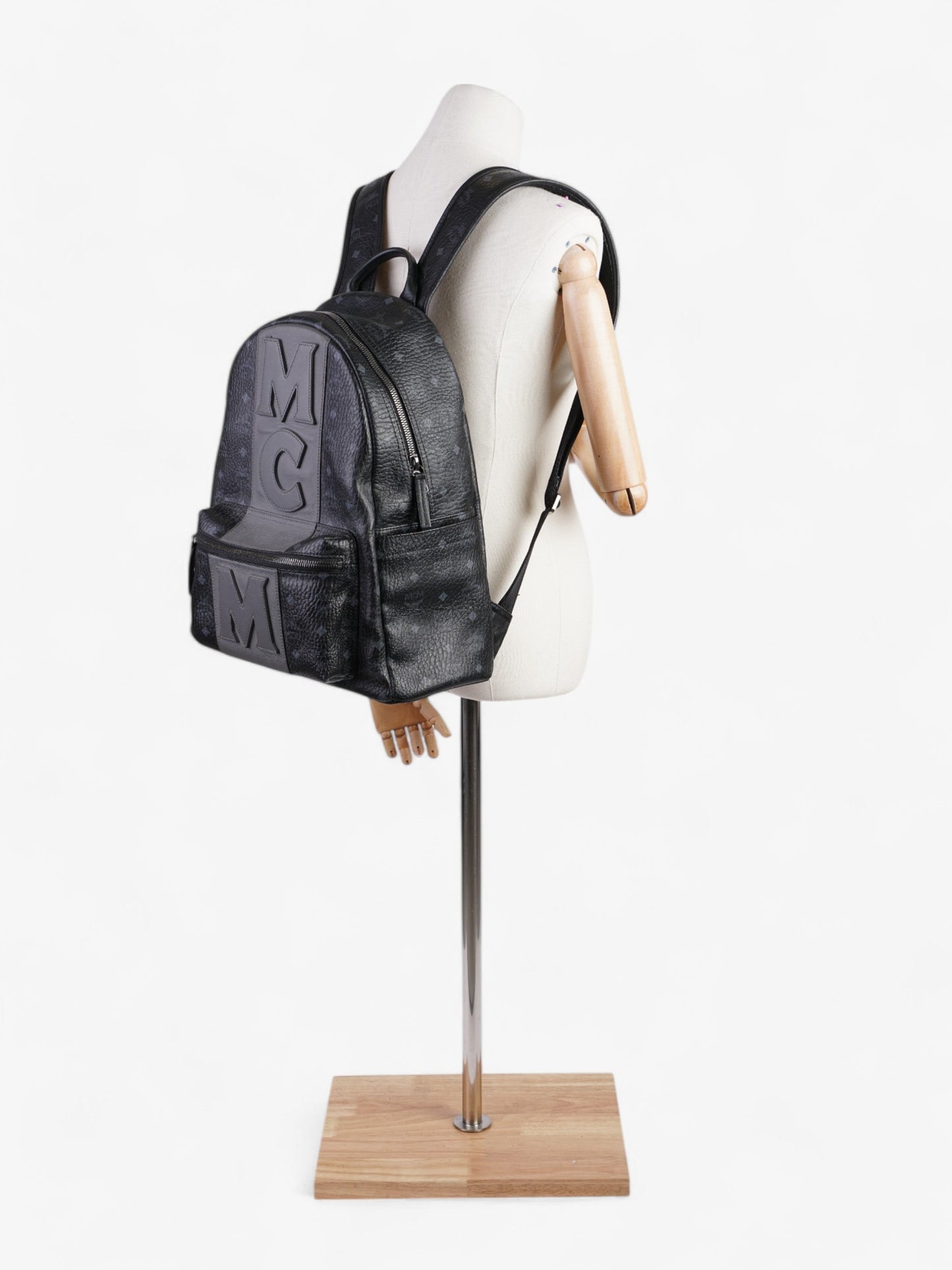 MCM Stark Logo Stripe Backpack Black / Grey Coated Canvas