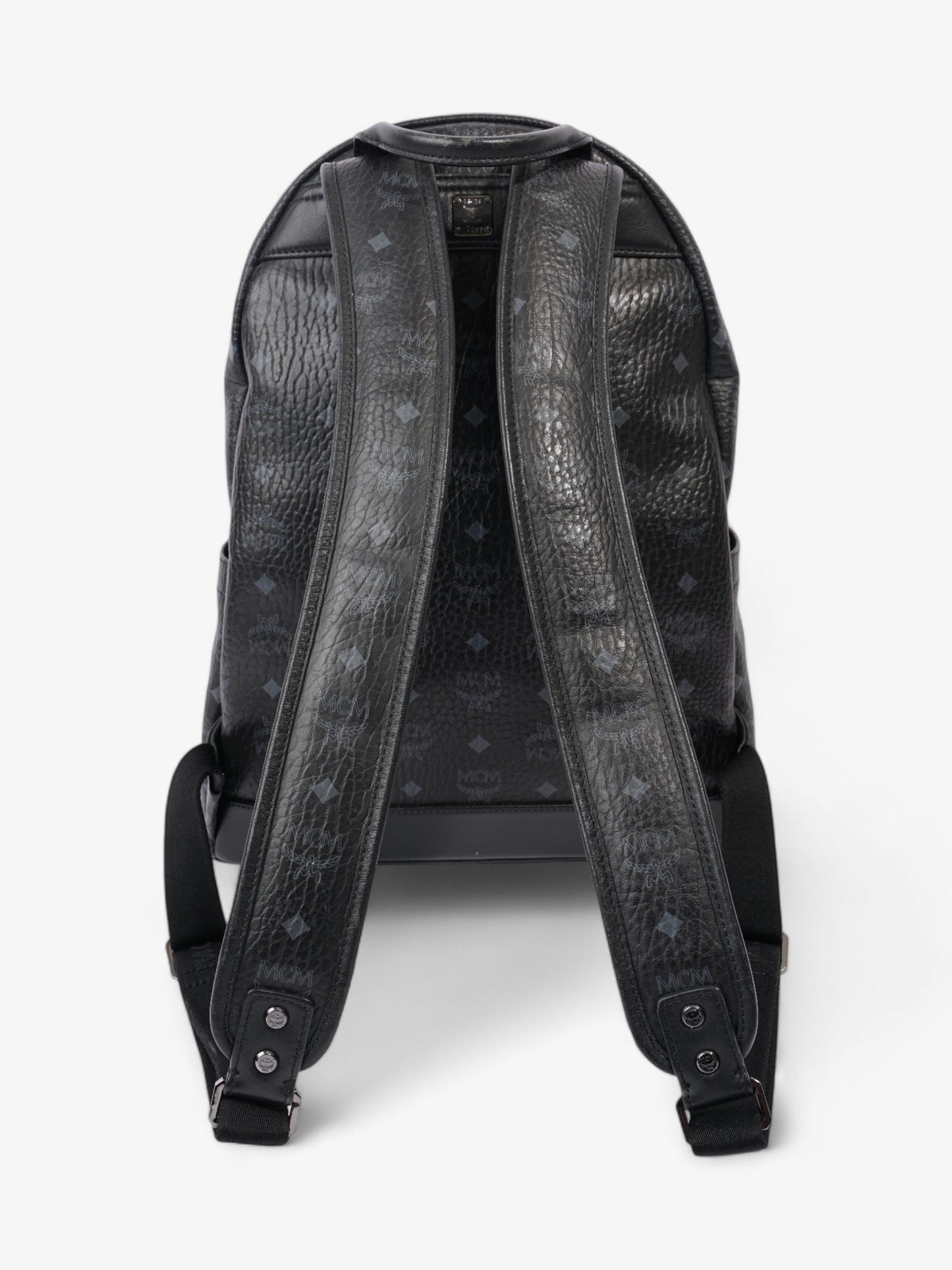 MCM Stark Logo Stripe Backpack Black / Grey Coated Canvas
