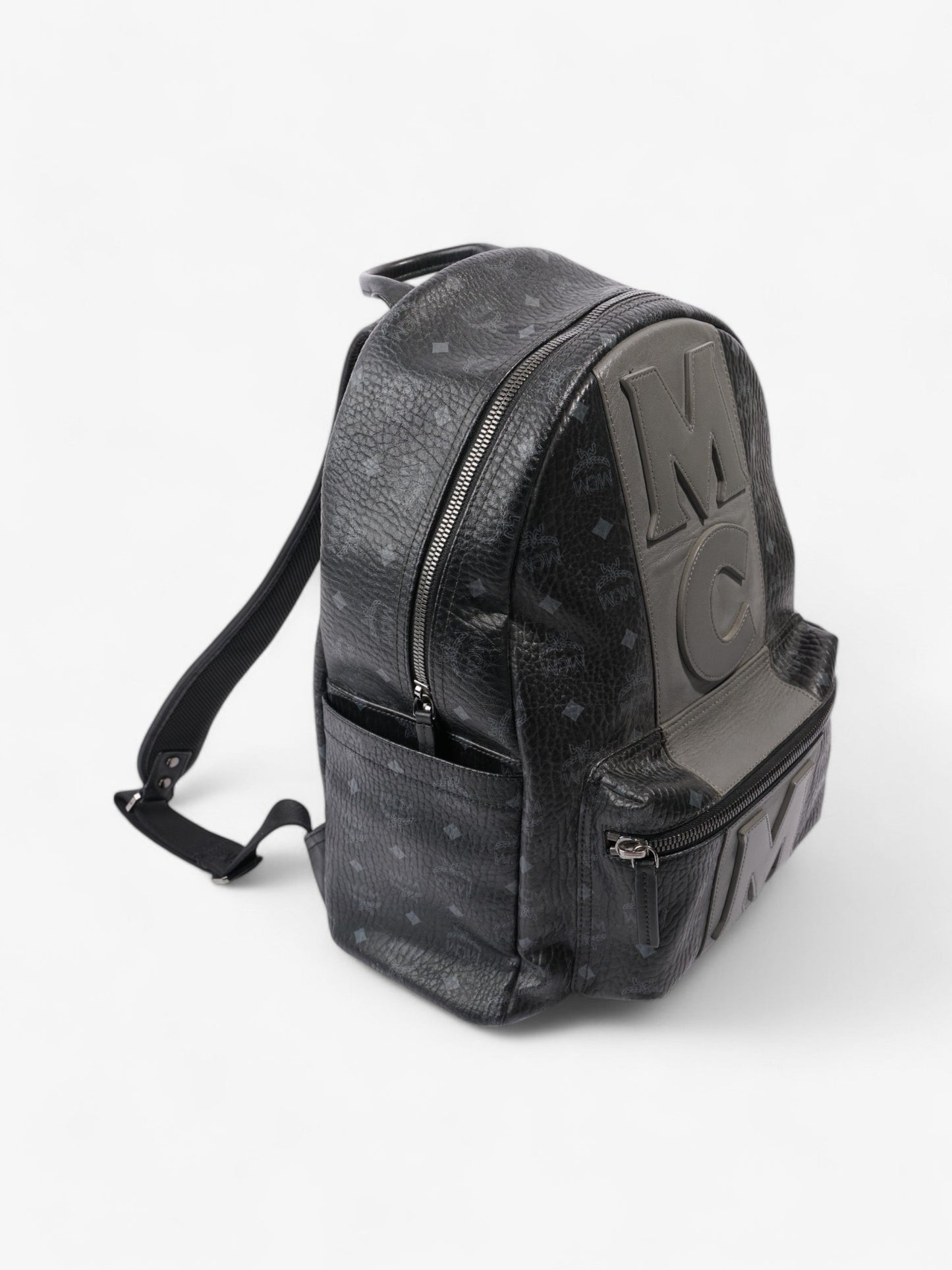MCM Stark Logo Stripe Backpack Black / Grey Coated Canvas