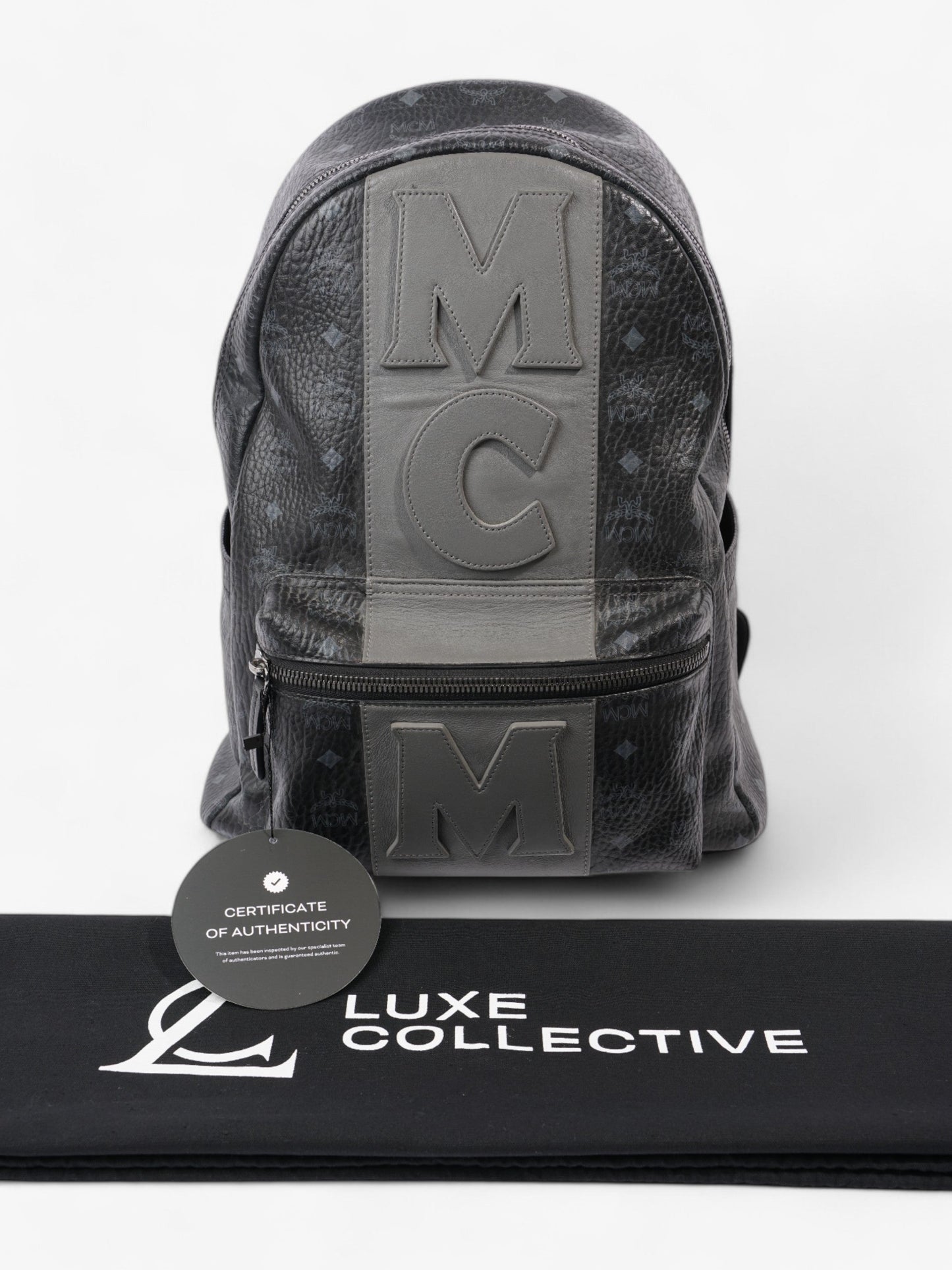 MCM Stark Logo Stripe Backpack Black / Grey Coated Canvas