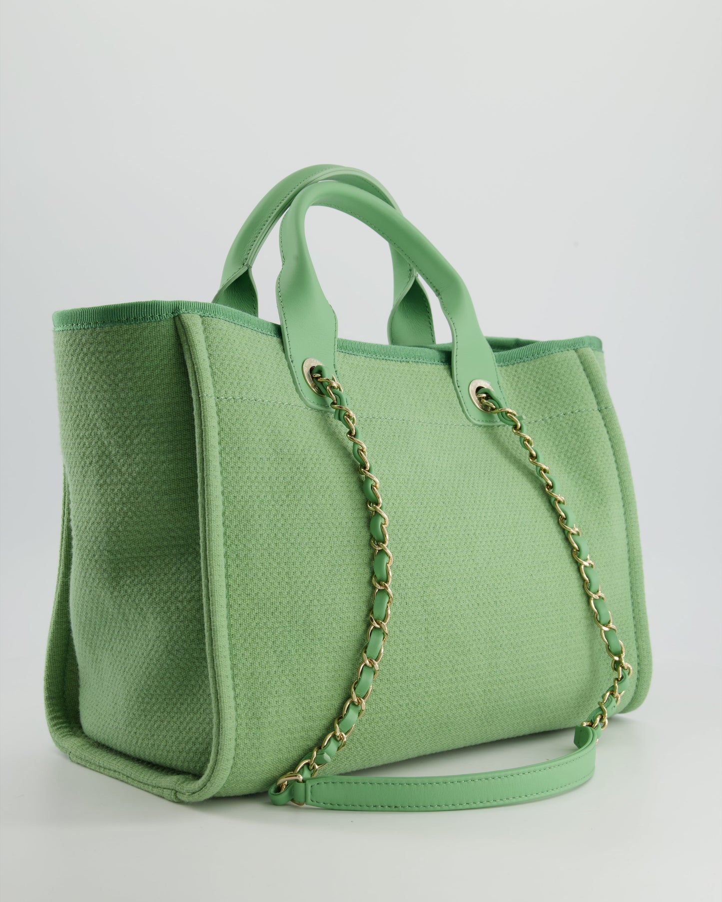 *HOT* Chanel Pistachio Green Canvas Small Deauville Tote Bag with Champagne Gold Hardware