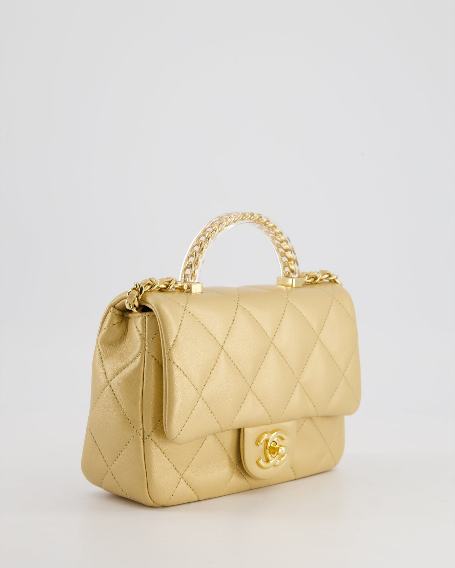 *CURRENT COLLECTION* Chanel Metallic Gold Mini Top Handle Bag in Calfskin Leather with Gold Hardware and Clear Perspex Handle Detail