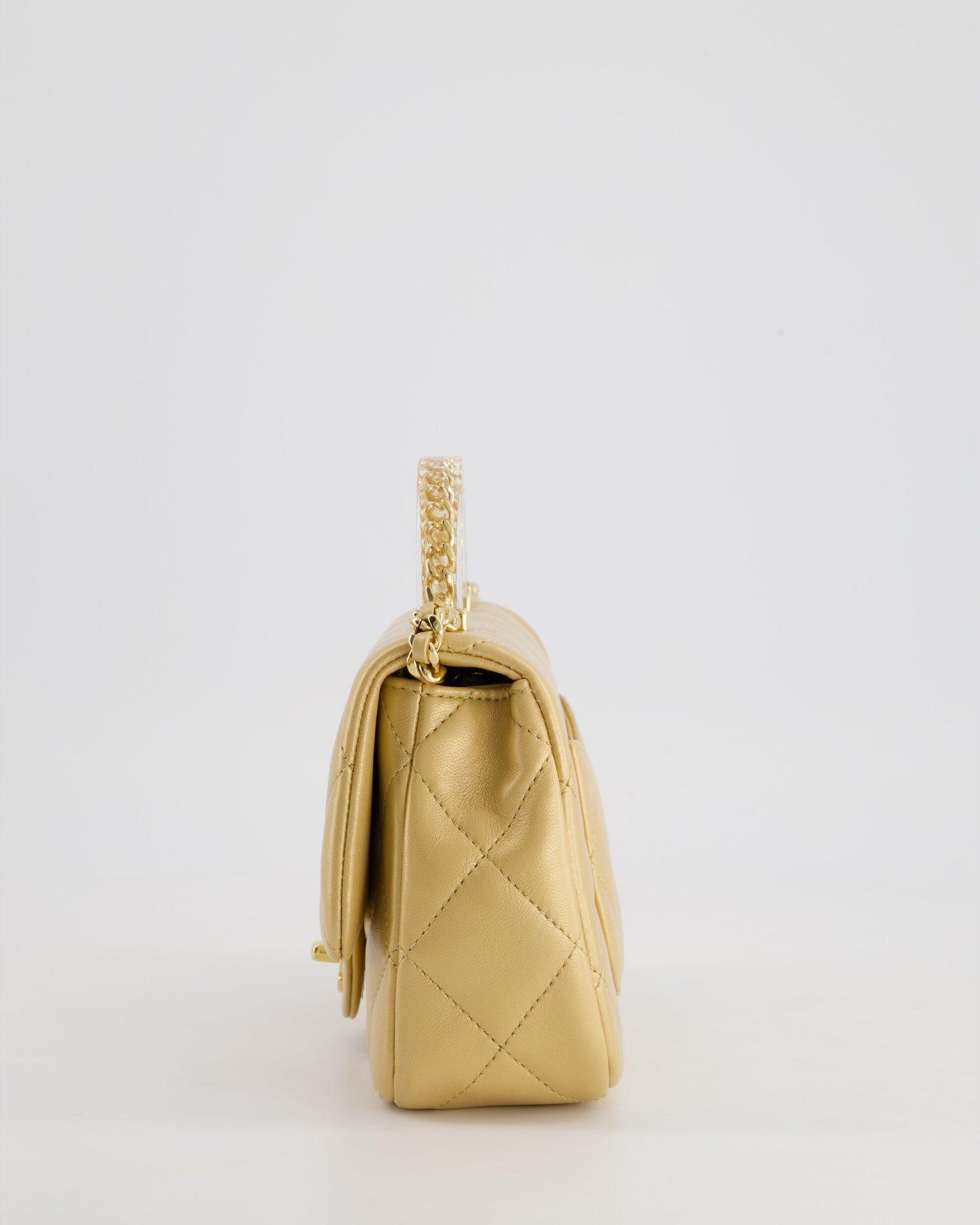 *CURRENT COLLECTION* Chanel Metallic Gold Mini Top Handle Bag in Calfskin Leather with Gold Hardware and Clear Perspex Handle Detail
