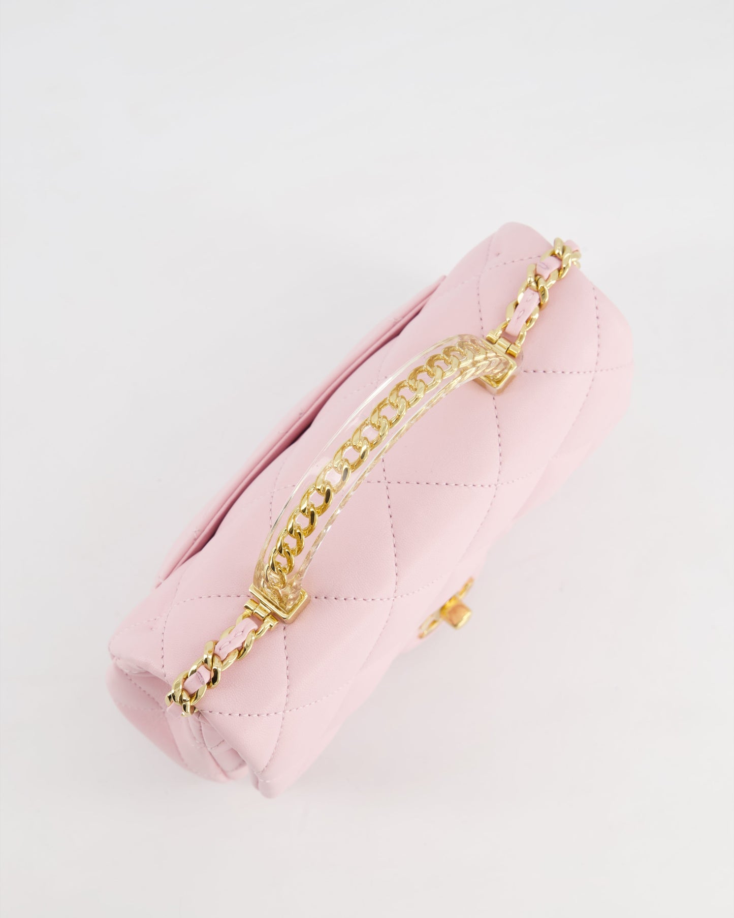 *CURRENT COLLECTION* Chanel Petal Pink Mini Top Handle Bag in Calfskin Leather with Gold Hardware and Clear Perspex Handle Detail