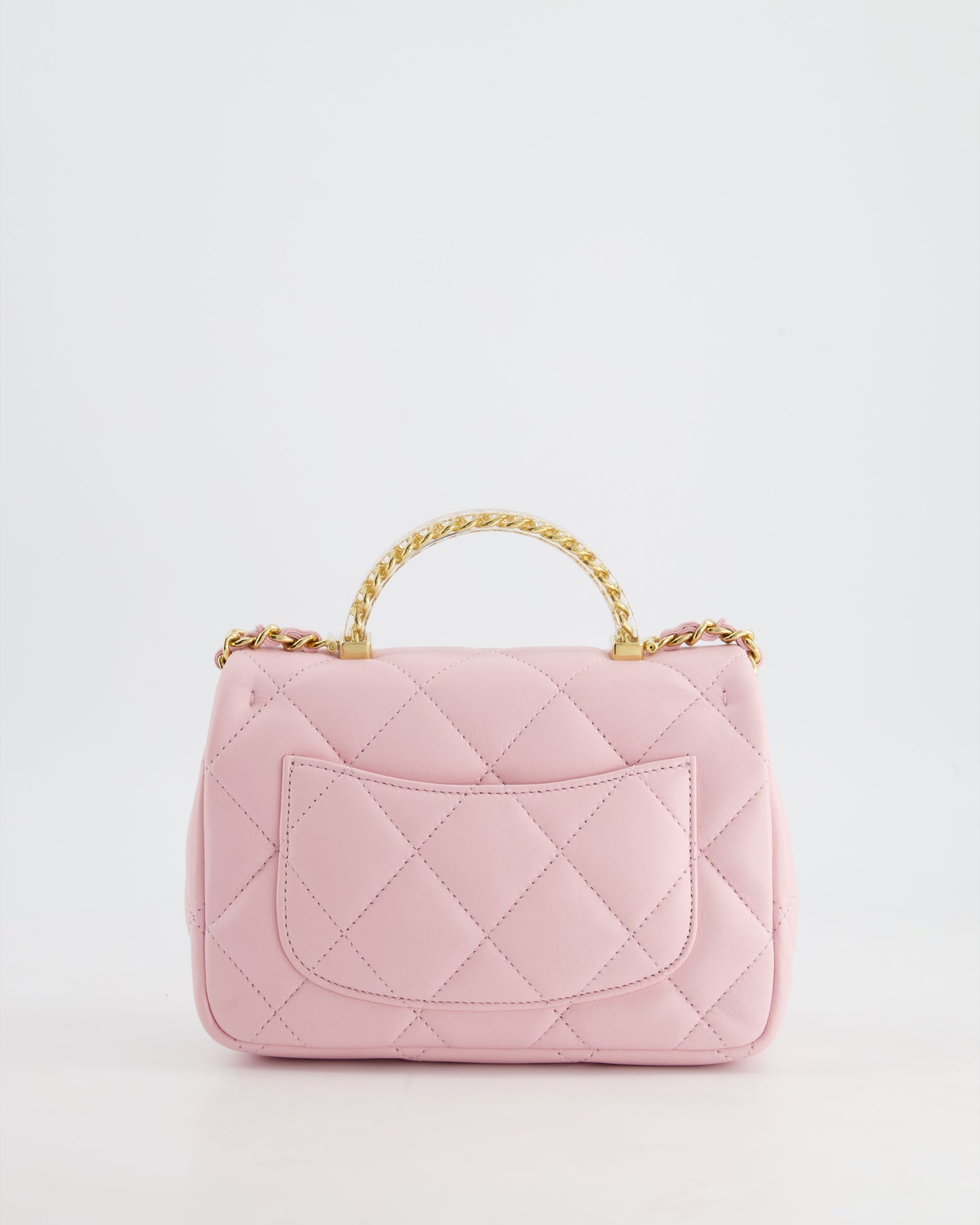 *CURRENT COLLECTION* Chanel Petal Pink Mini Top Handle Bag in Calfskin Leather with Gold Hardware and Clear Perspex Handle Detail