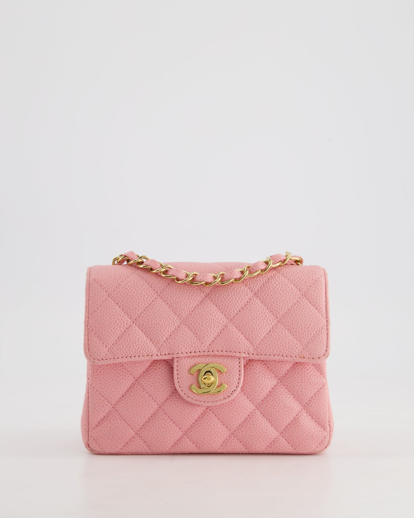 *RARE* Chanel Pink Mini Square Flap Bag in Caviar Leather with 24K Gold Plated Hardware