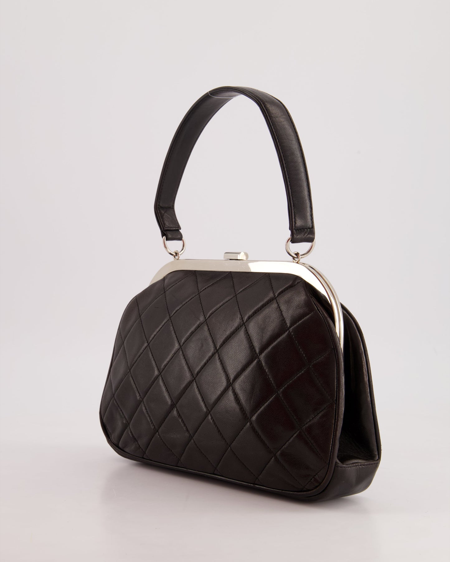 *RARE VINTAGE* Vintage Black Quilted Top Handle Bag with Silver Hardware
