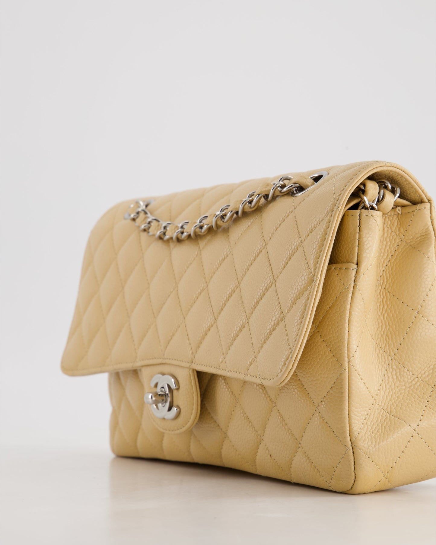 *FIRE PRICE* Chanel Beige Medium Classic Double Flap in Caviar Leather with Silver Hardware