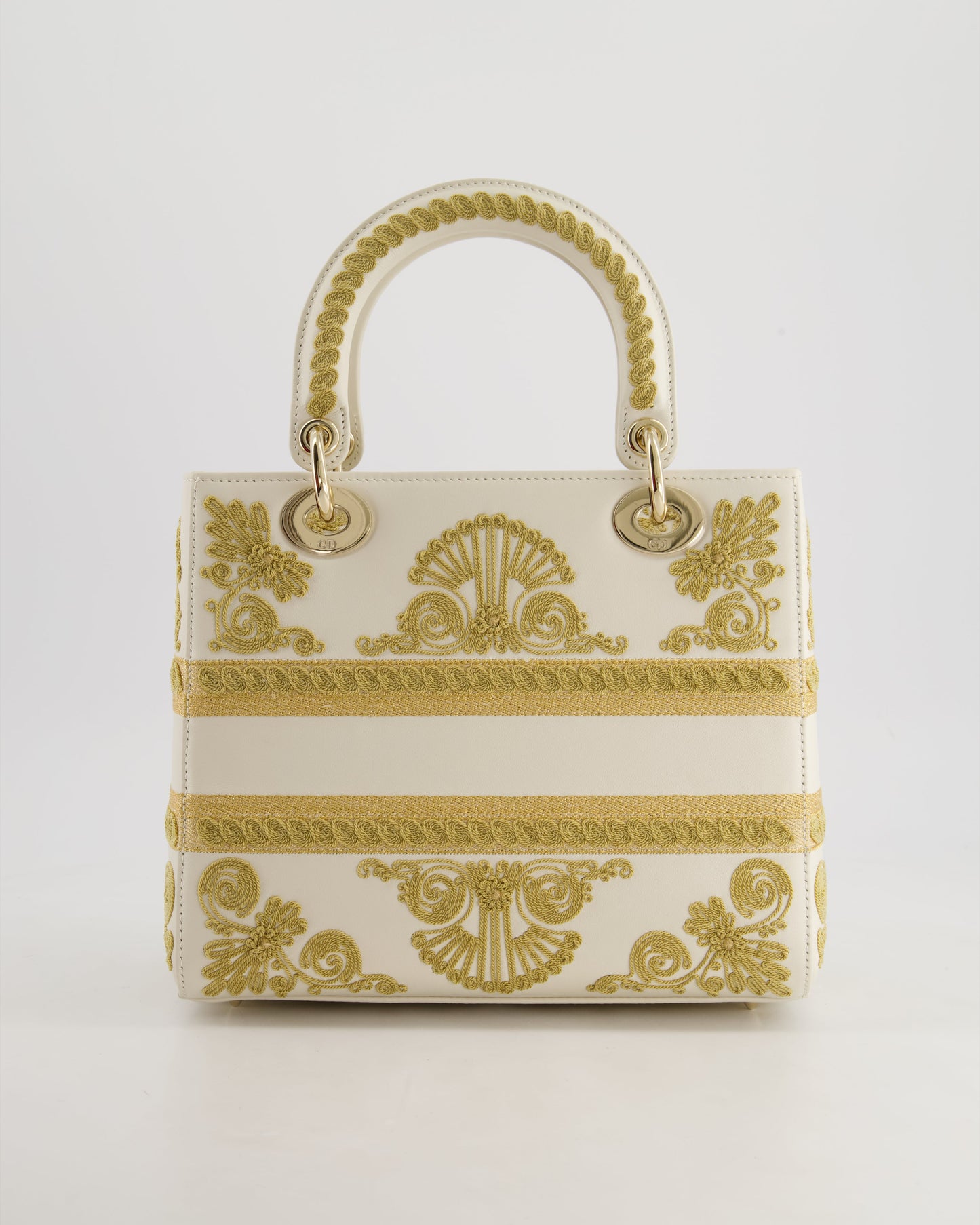 *RARE* Christian Dior Limited Edition Cruise 2021 Embroidered White Medium Lady Dior Bag in Calfskin Leather with Champagne Gold Hardware