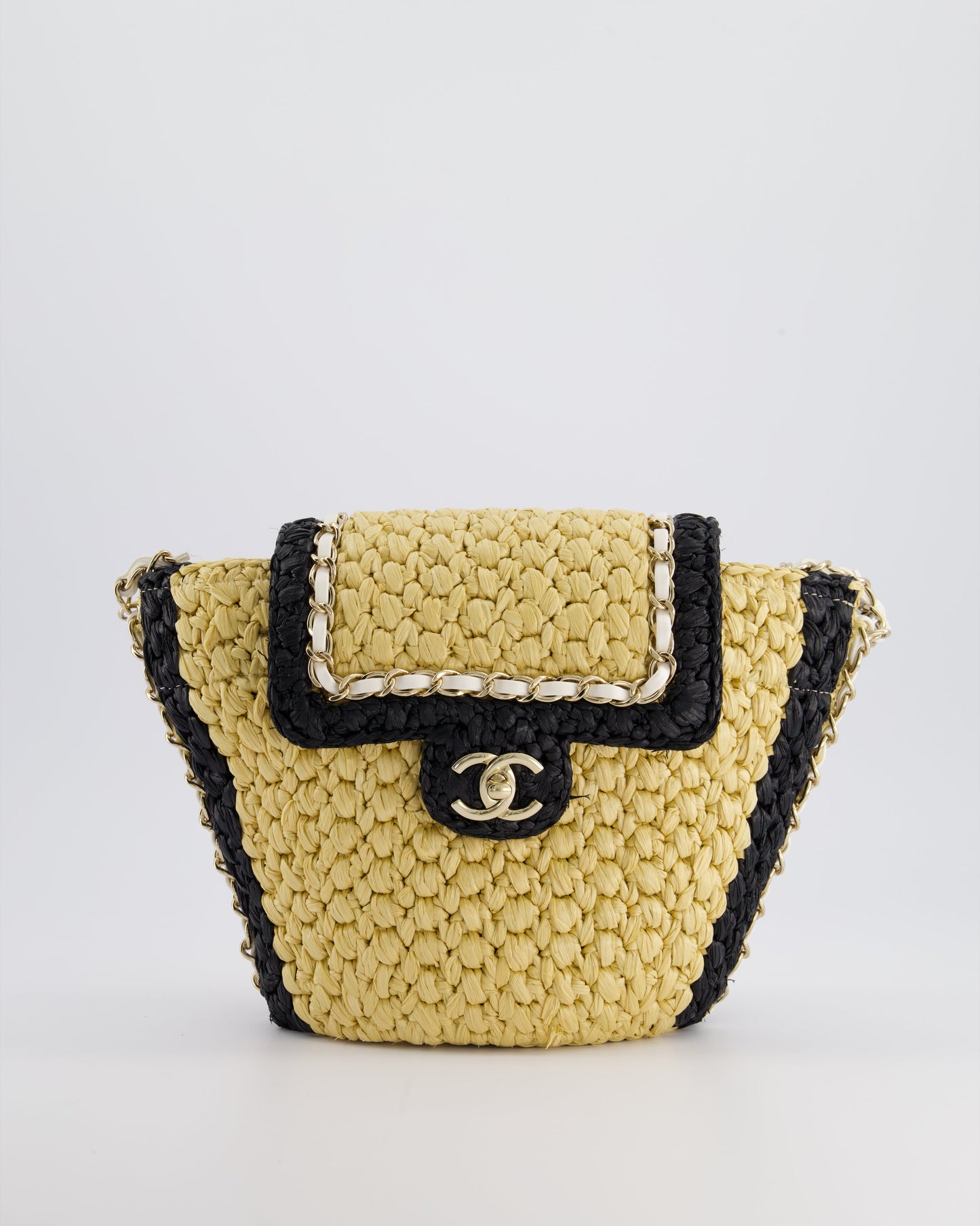 *HOT* Chanel 24C Venice Collection Beige Raffia Basket Bag with White Leather Interlocking Chain & Champagne Gold Hardware