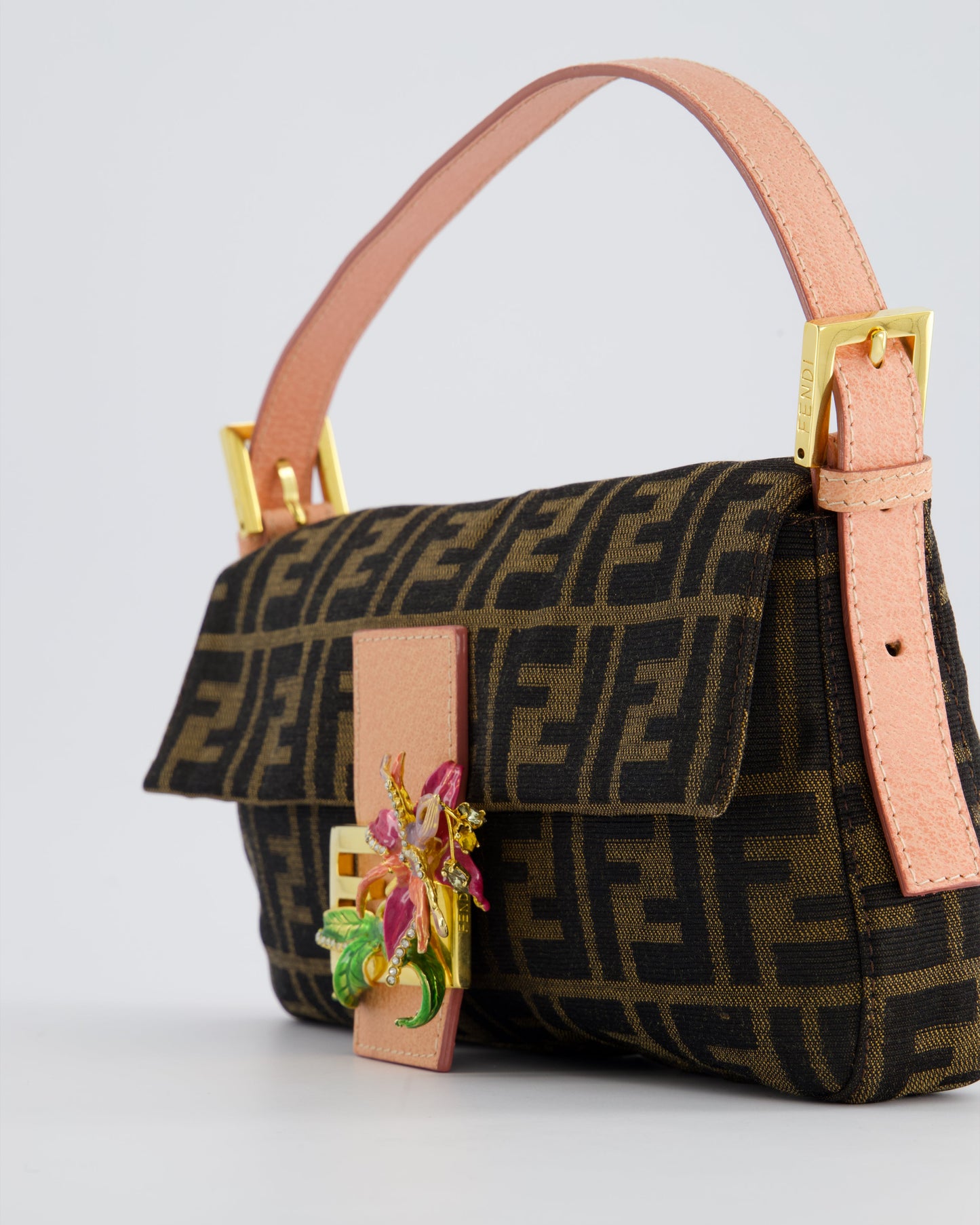 *COLLECTOR'S* Fendi Brown Zucca Monogram Vintage Baguette Bag in Fabric with Pink Leather Strap & Gold Hardware