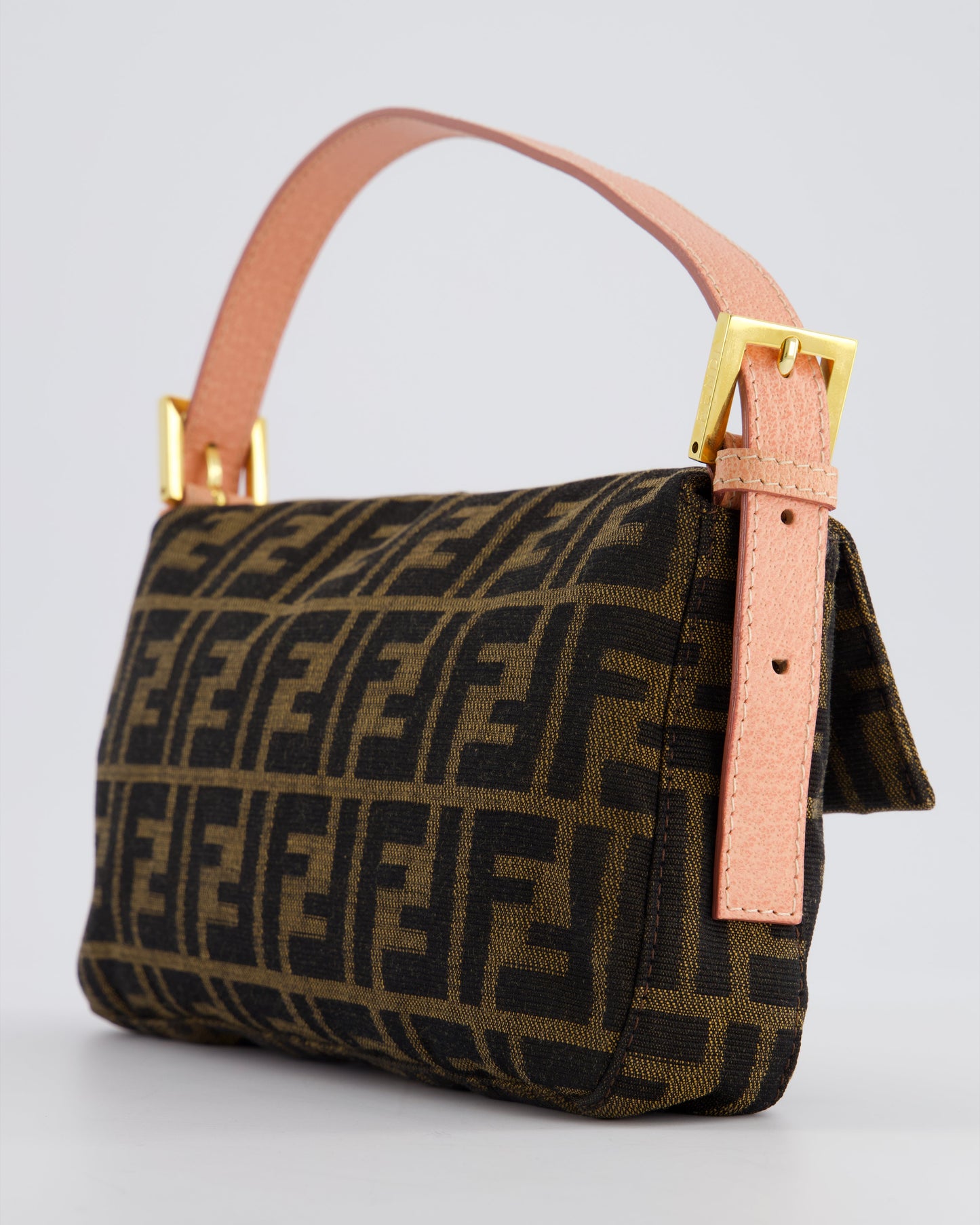 *COLLECTOR'S* Fendi Brown Zucca Monogram Vintage Baguette Bag in Fabric with Pink Leather Strap & Gold Hardware