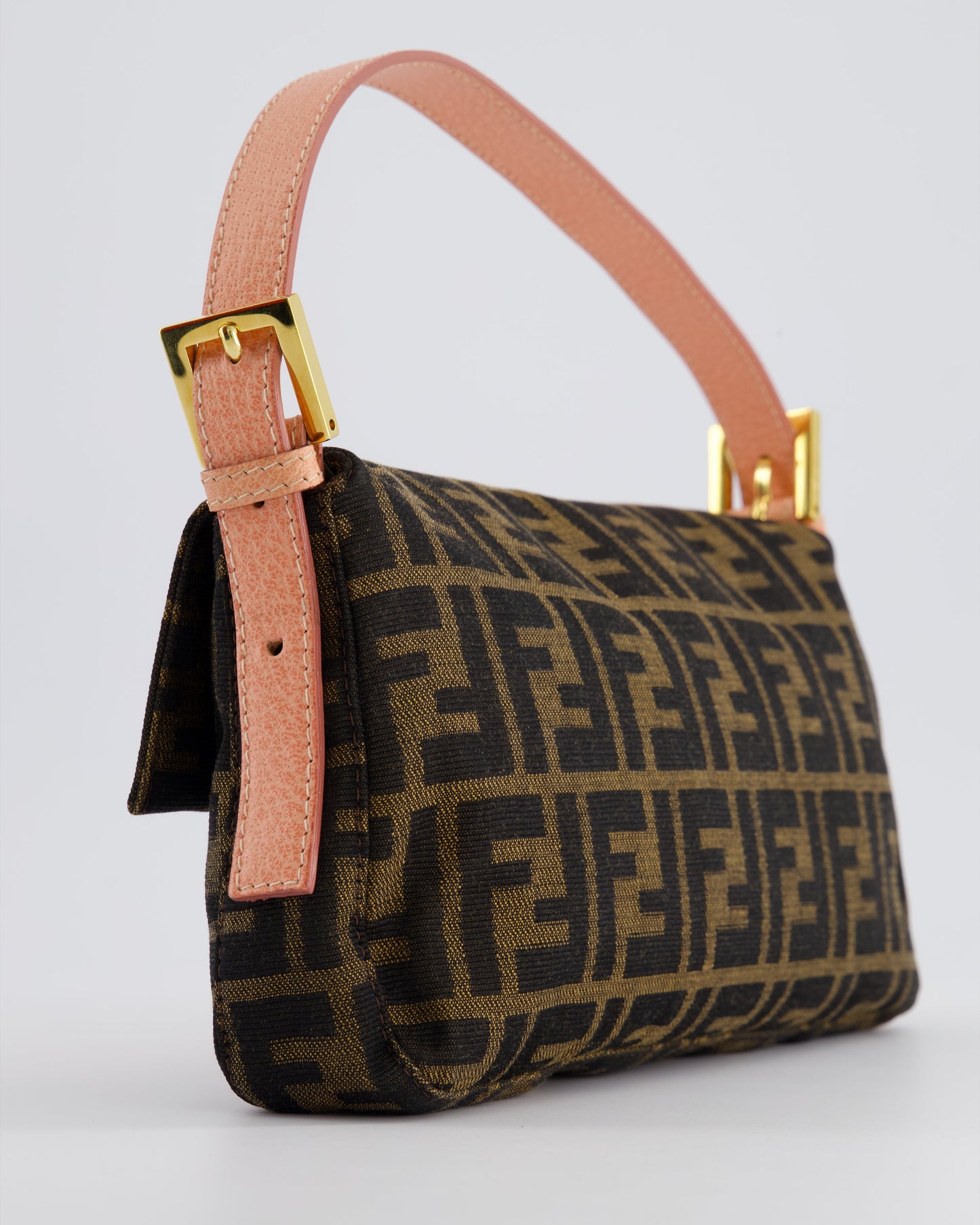 *COLLECTOR'S* Fendi Brown Zucca Monogram Vintage Baguette Bag in Fabric with Pink Leather Strap & Gold Hardware