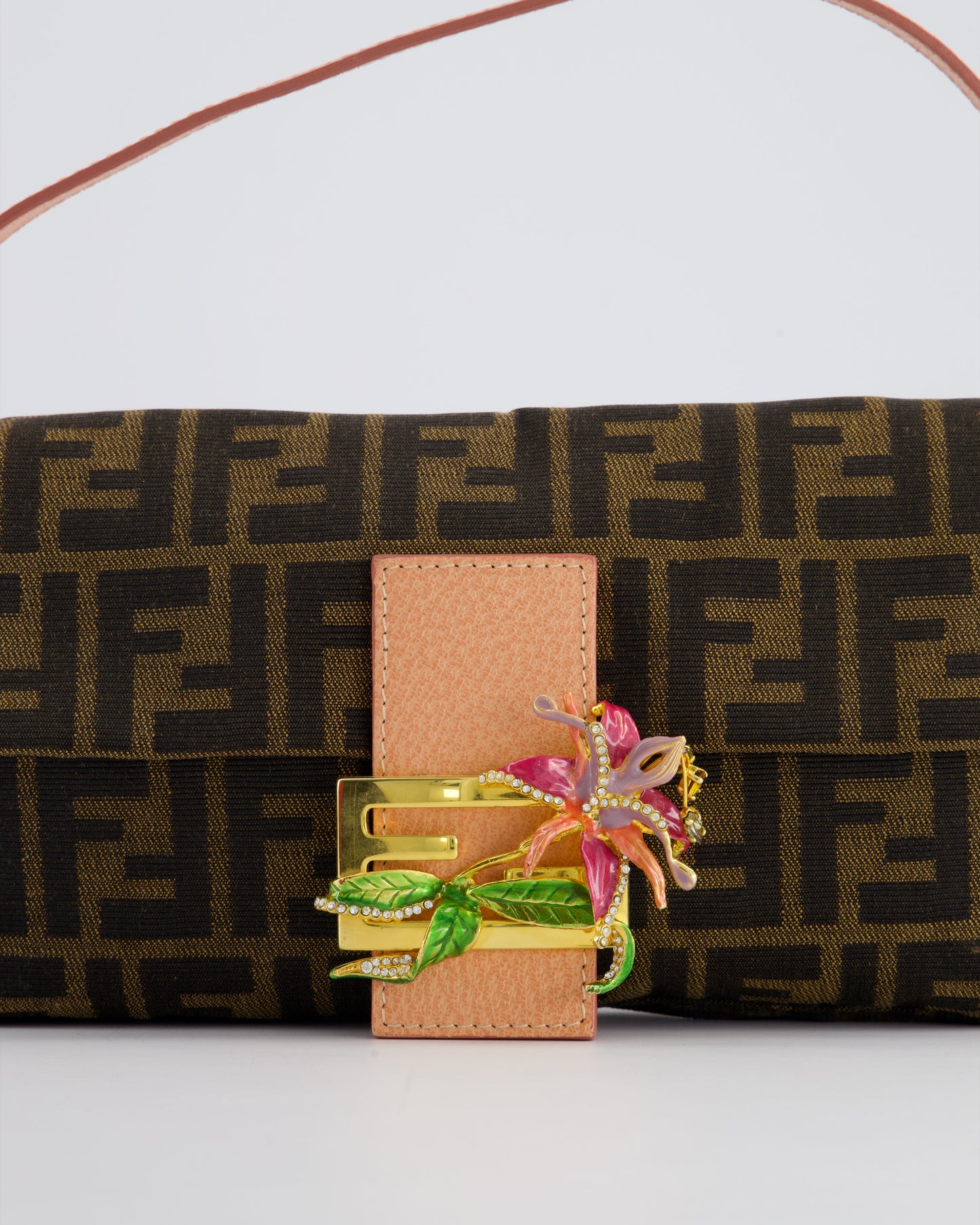 *COLLECTOR'S* Fendi Brown Zucca Monogram Vintage Baguette Bag in Fabric with Pink Leather Strap & Gold Hardware