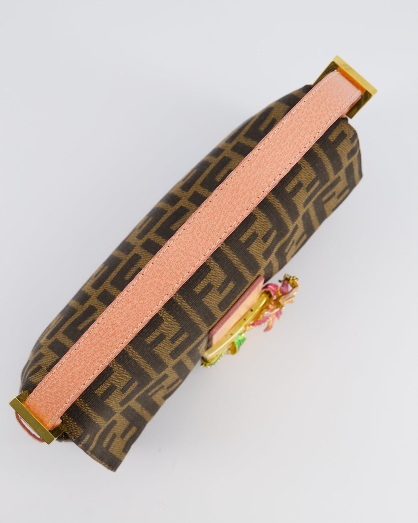 *COLLECTOR'S* Fendi Brown Zucca Monogram Vintage Baguette Bag in Fabric with Pink Leather Strap & Gold Hardware