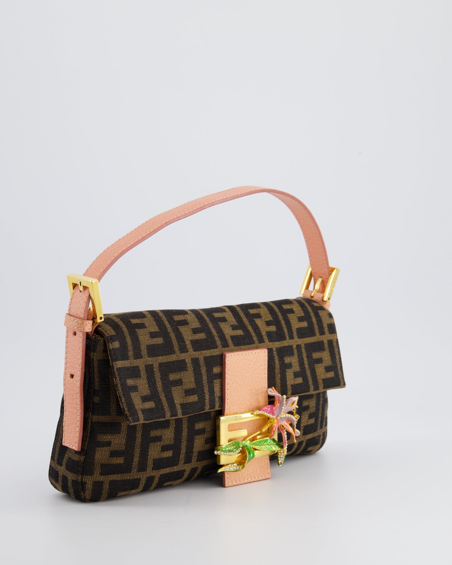 *COLLECTOR'S* Fendi Brown Zucca Monogram Vintage Baguette Bag in Fabric with Pink Leather Strap & Gold Hardware