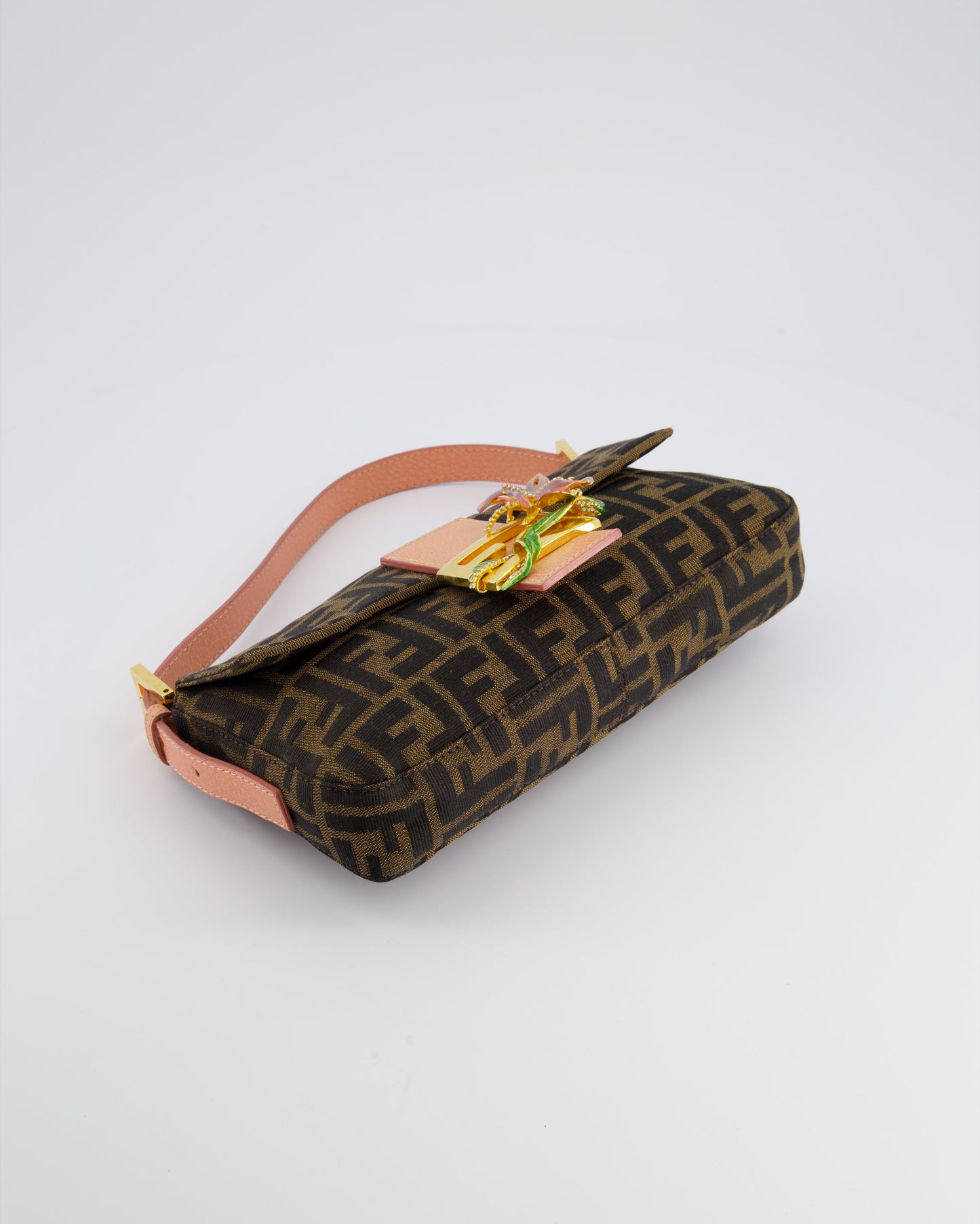*COLLECTOR'S* Fendi Brown Zucca Monogram Vintage Baguette Bag in Fabric with Pink Leather Strap & Gold Hardware