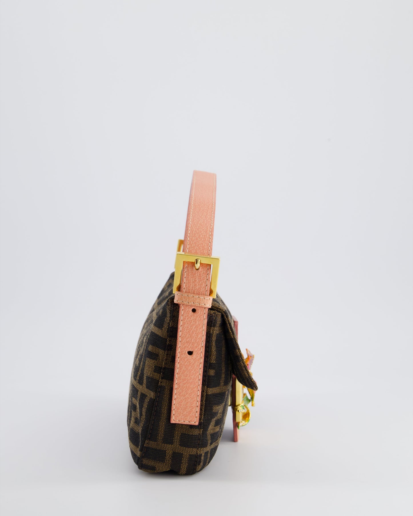 *COLLECTOR'S* Fendi Brown Zucca Monogram Vintage Baguette Bag in Fabric with Pink Leather Strap & Gold Hardware