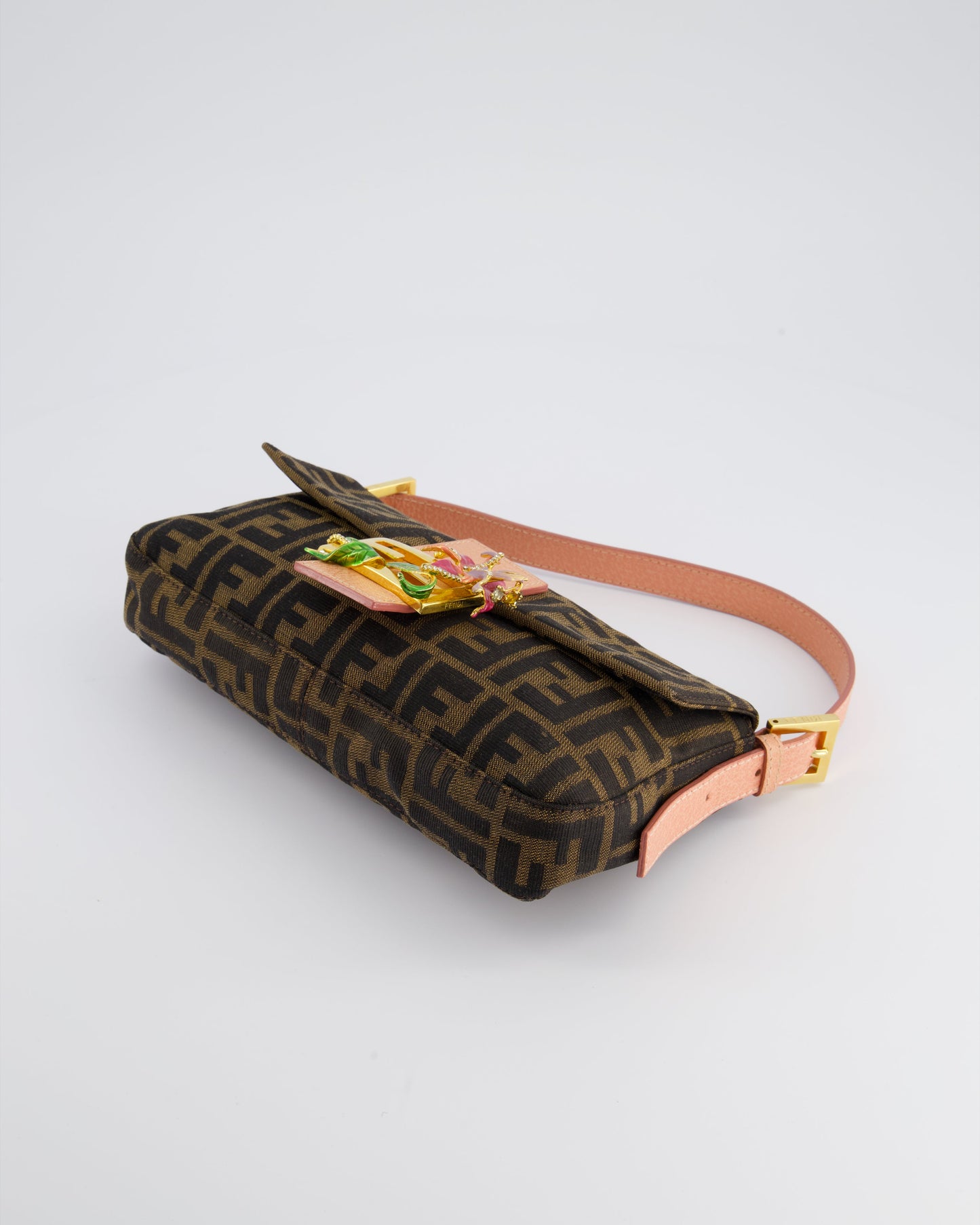 *COLLECTOR'S* Fendi Brown Zucca Monogram Vintage Baguette Bag in Fabric with Pink Leather Strap & Gold Hardware