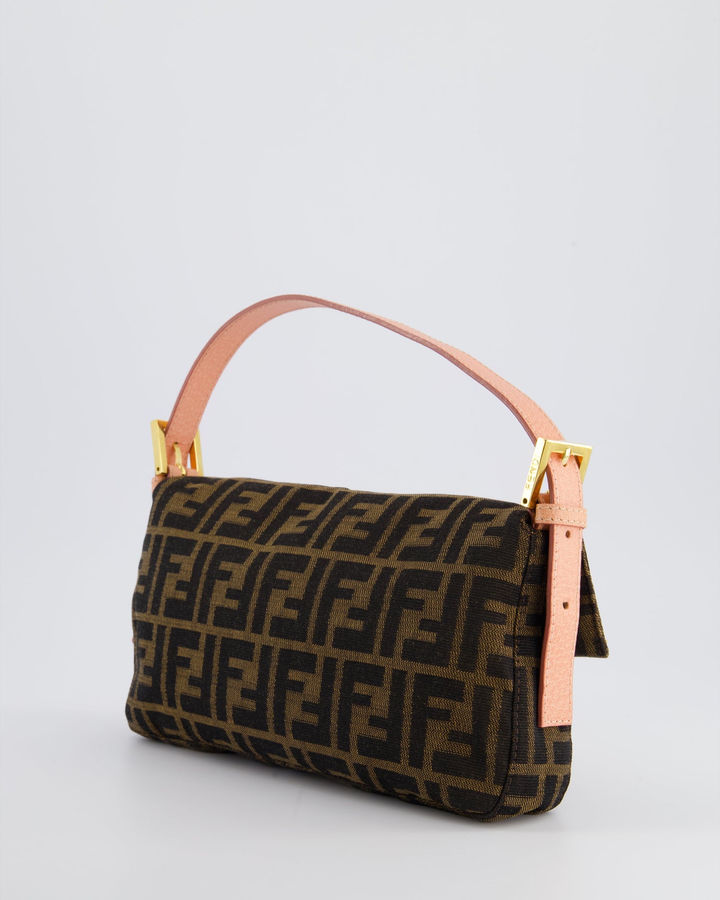 *COLLECTOR'S* Fendi Brown Zucca Monogram Vintage Baguette Bag in Fabric with Pink Leather Strap & Gold Hardware