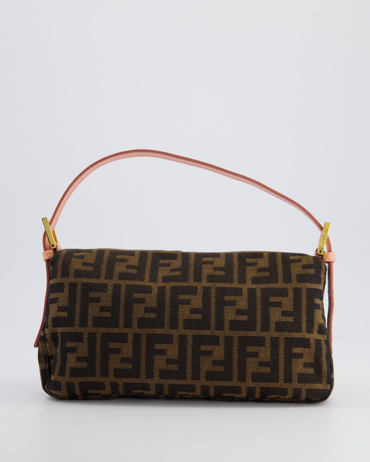 *COLLECTOR'S* Fendi Brown Zucca Monogram Vintage Baguette Bag in Fabric with Pink Leather Strap & Gold Hardware