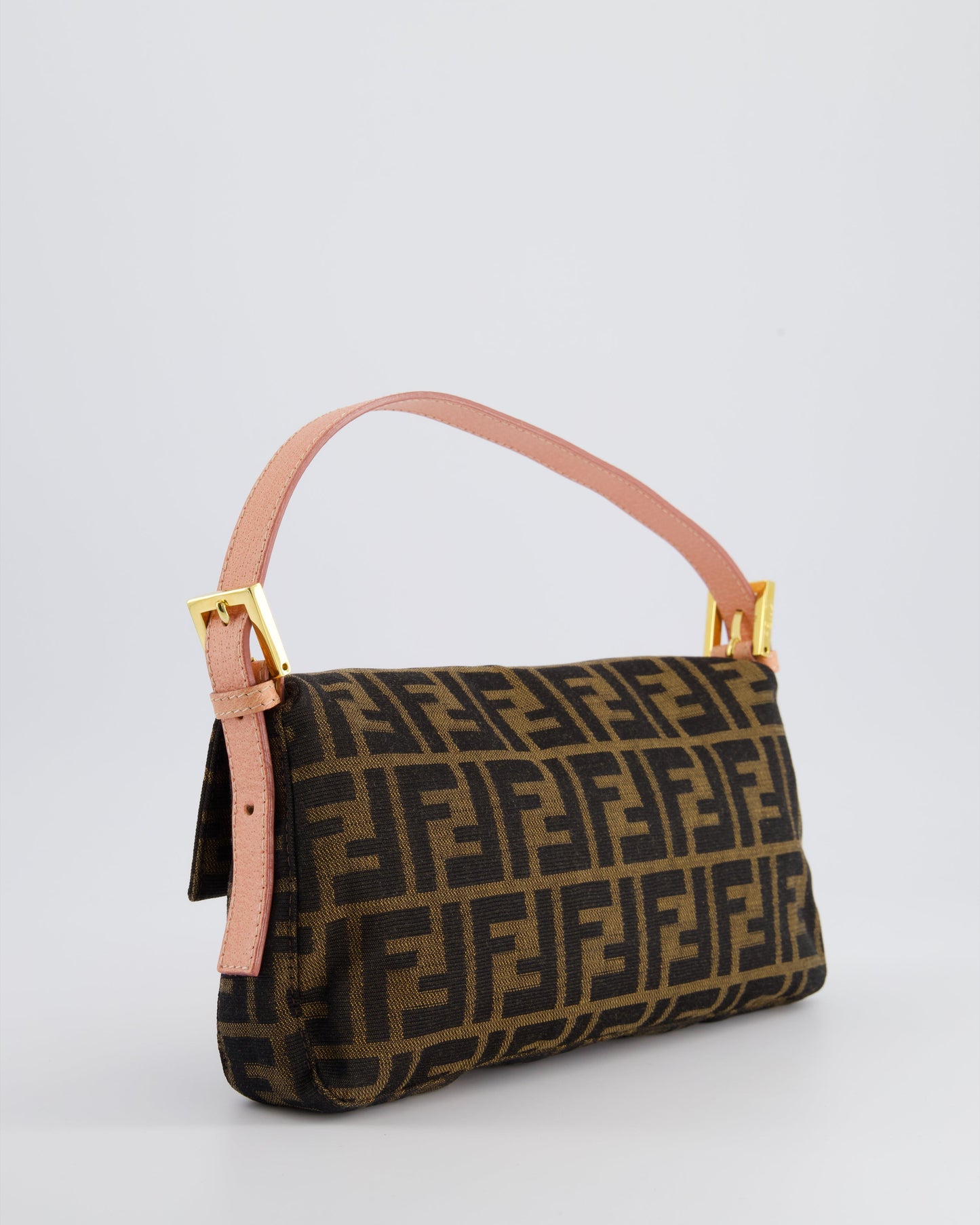 *COLLECTOR'S* Fendi Brown Zucca Monogram Vintage Baguette Bag in Fabric with Pink Leather Strap & Gold Hardware