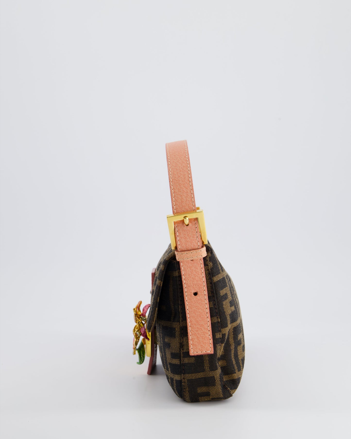 *COLLECTOR'S* Fendi Brown Zucca Monogram Vintage Baguette Bag in Fabric with Pink Leather Strap & Gold Hardware