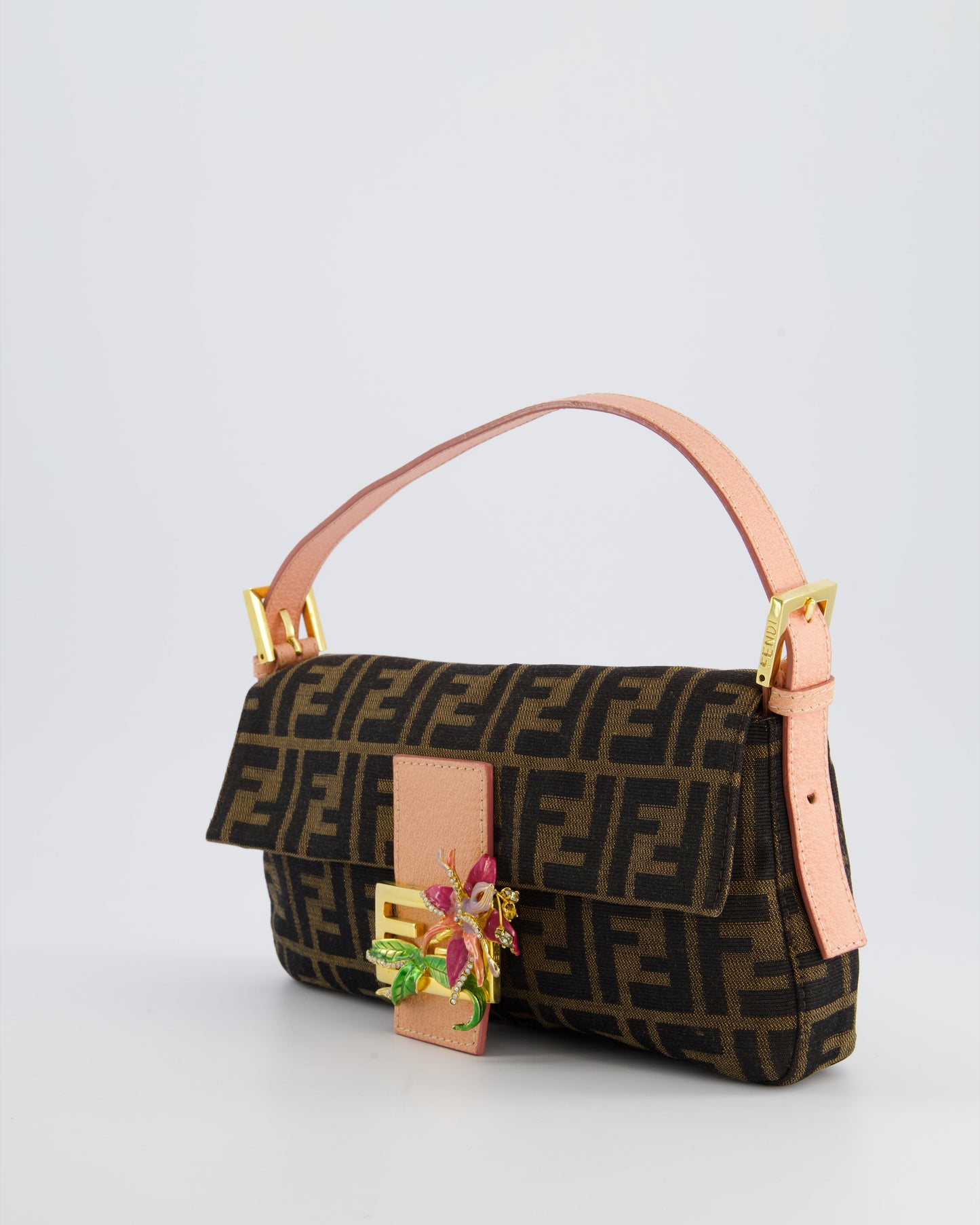 *COLLECTOR'S* Fendi Brown Zucca Monogram Vintage Baguette Bag in Fabric with Pink Leather Strap & Gold Hardware