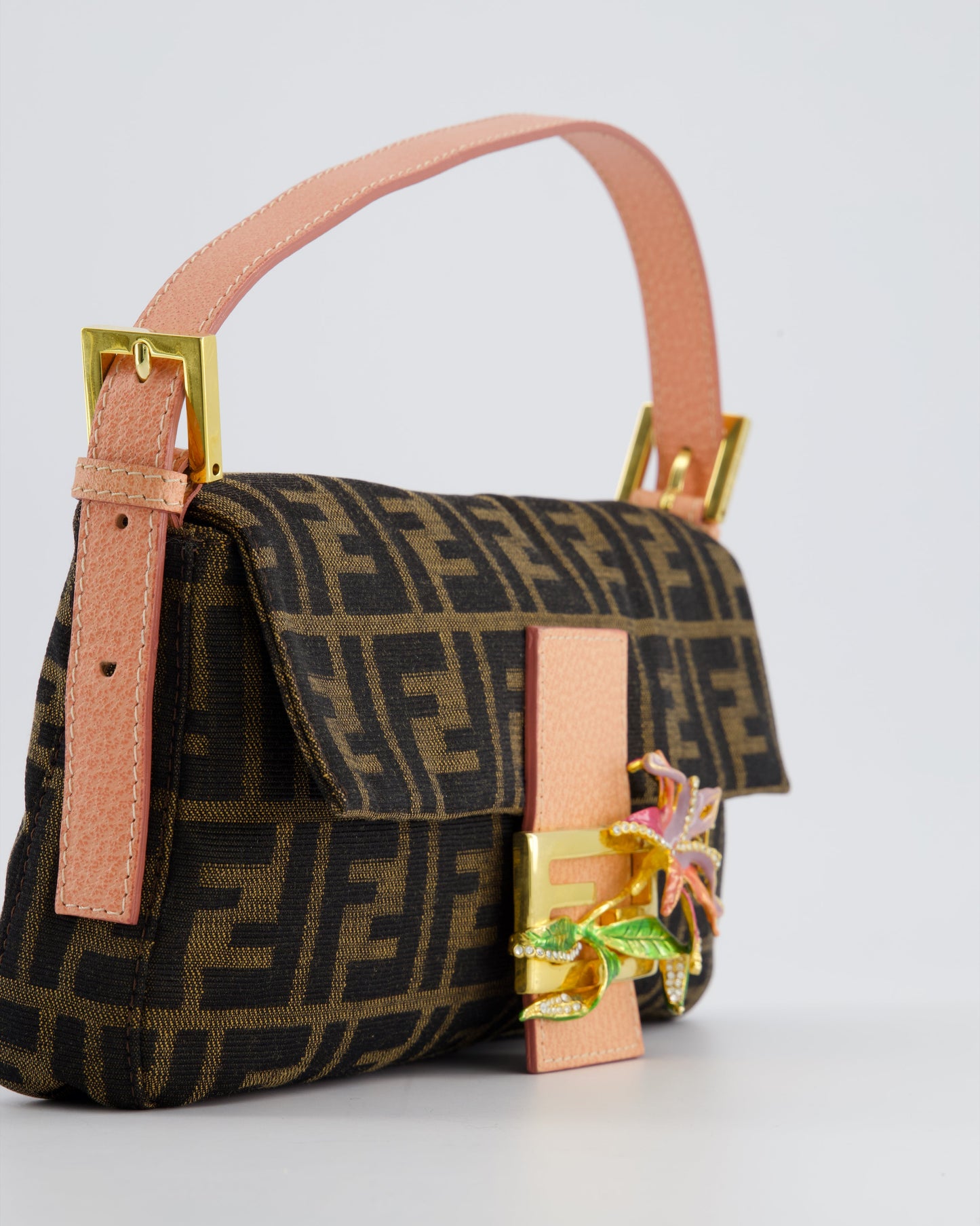 *COLLECTOR'S* Fendi Brown Zucca Monogram Vintage Baguette Bag in Fabric with Pink Leather Strap & Gold Hardware