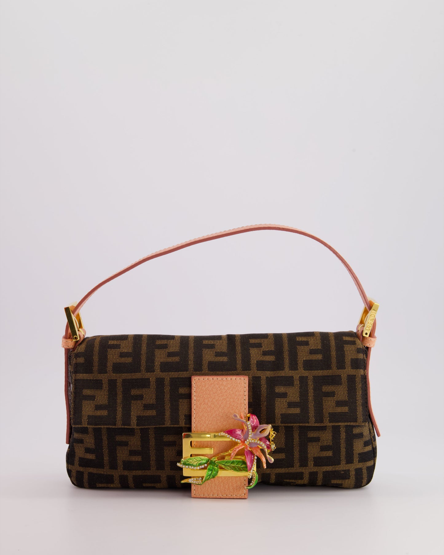 *COLLECTOR'S* Fendi Brown Zucca Monogram Vintage Baguette Bag in Fabric with Pink Leather Strap & Gold Hardware