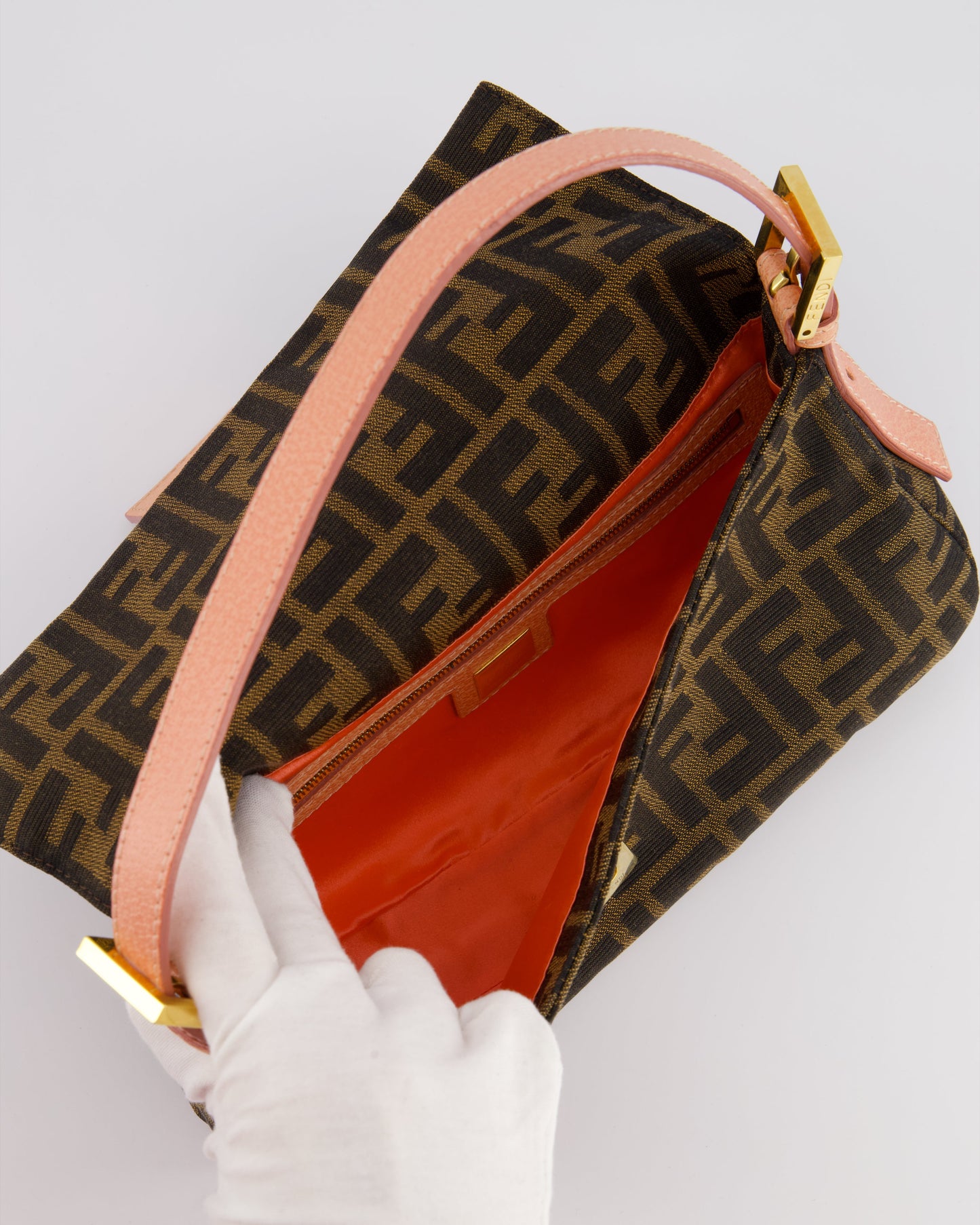 *COLLECTOR'S* Fendi Brown Zucca Monogram Vintage Baguette Bag in Fabric with Pink Leather Strap & Gold Hardware