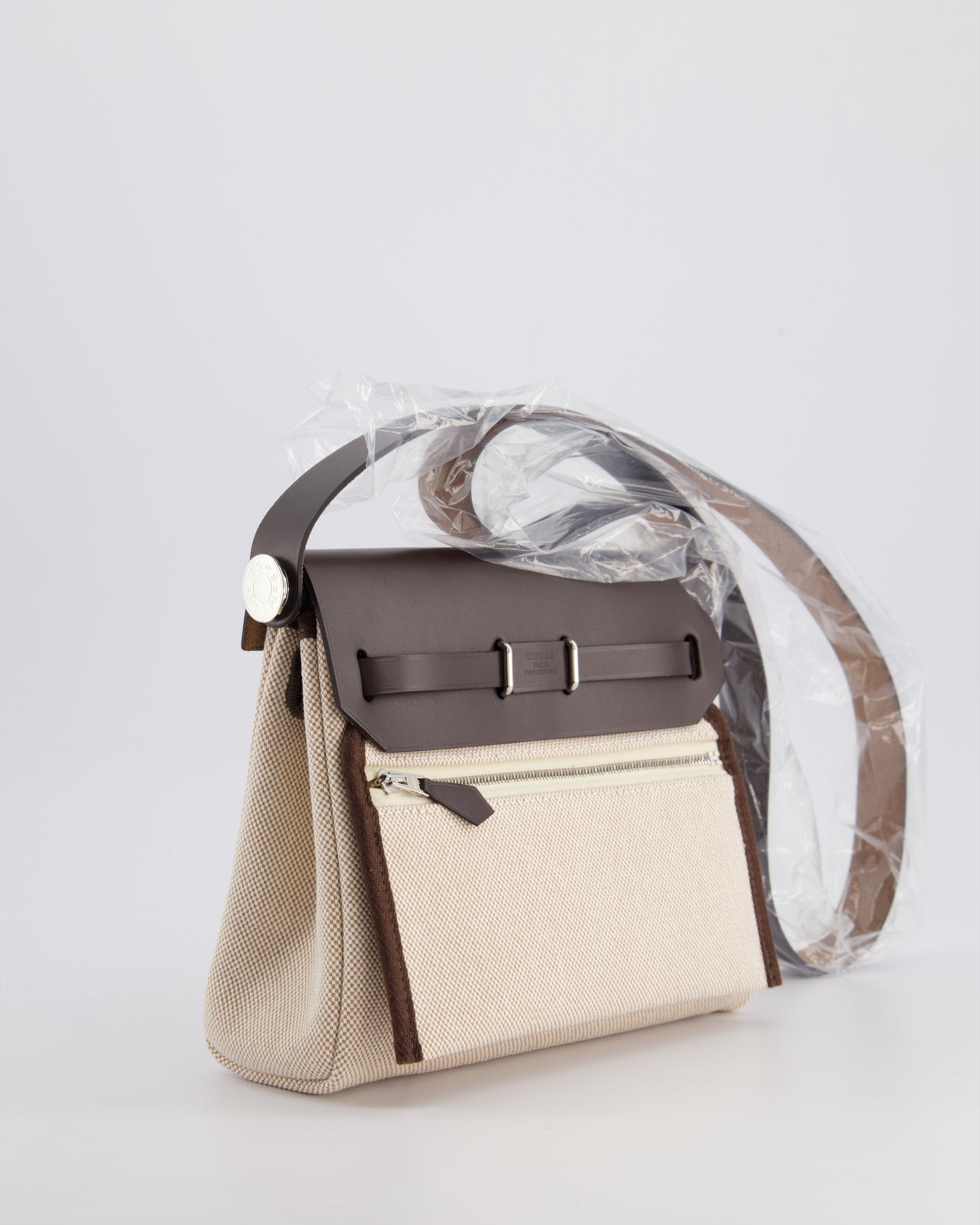 *NEW RELEASE RARE* Hermès Herbag Zip 20 Bag in Ecru Viking Canvas & Ebene Vache Hunter Leather with Palladium Hardware