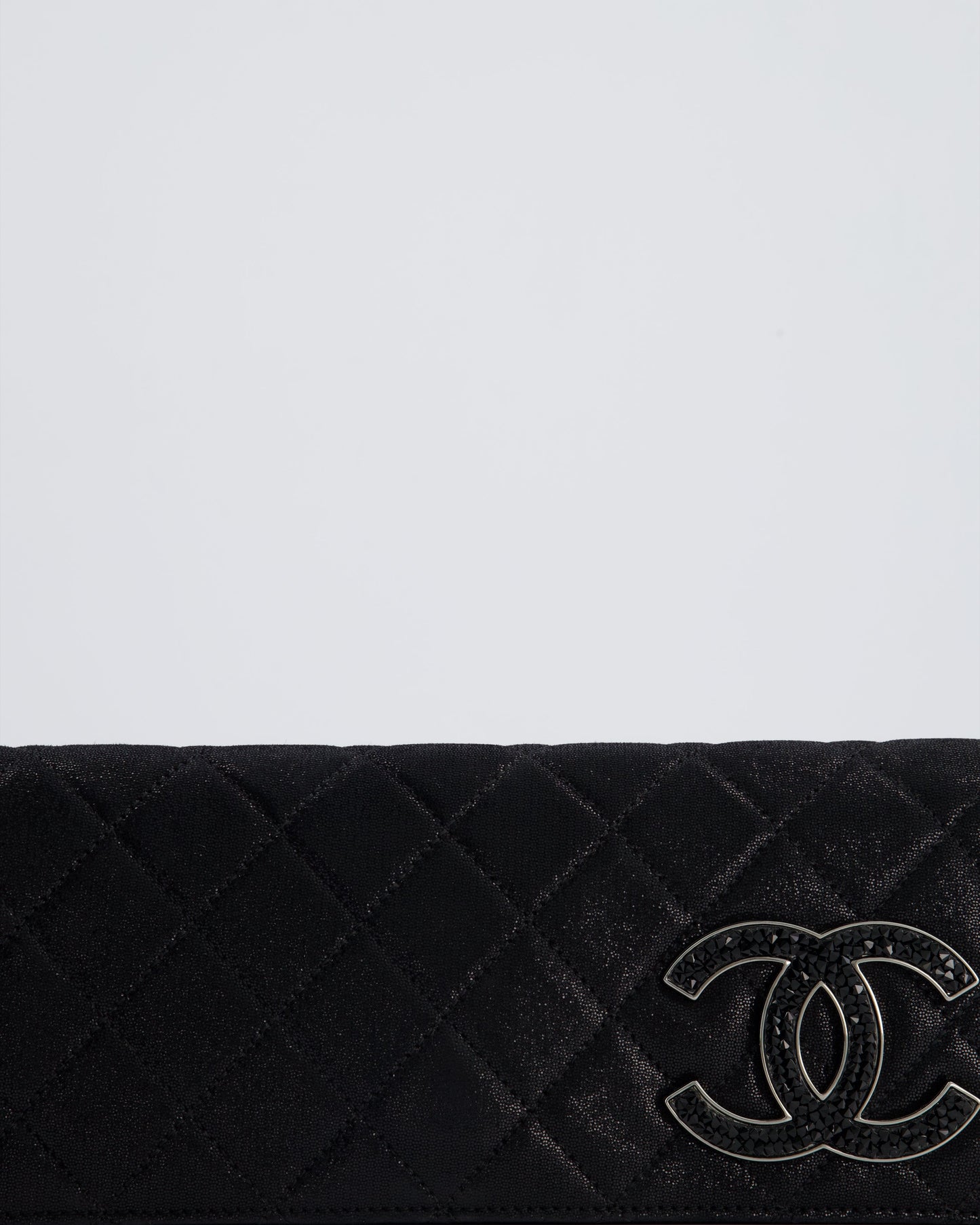 *HOT* Chanel Black Shiny Quilted Long Clutch in Coated Calfskin with Silver Hardware and Crystal CC Detail