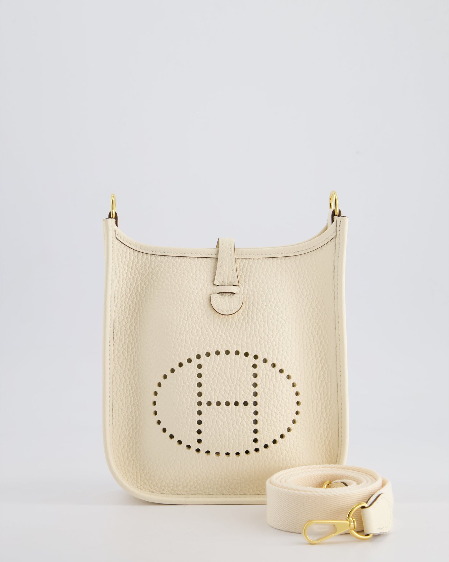 *HOT* Hermès Mini Evelyne 16 Bag in Nata Clemence Leather with Gold Hardware & Nata Sangle Wooly Unicolore Strap