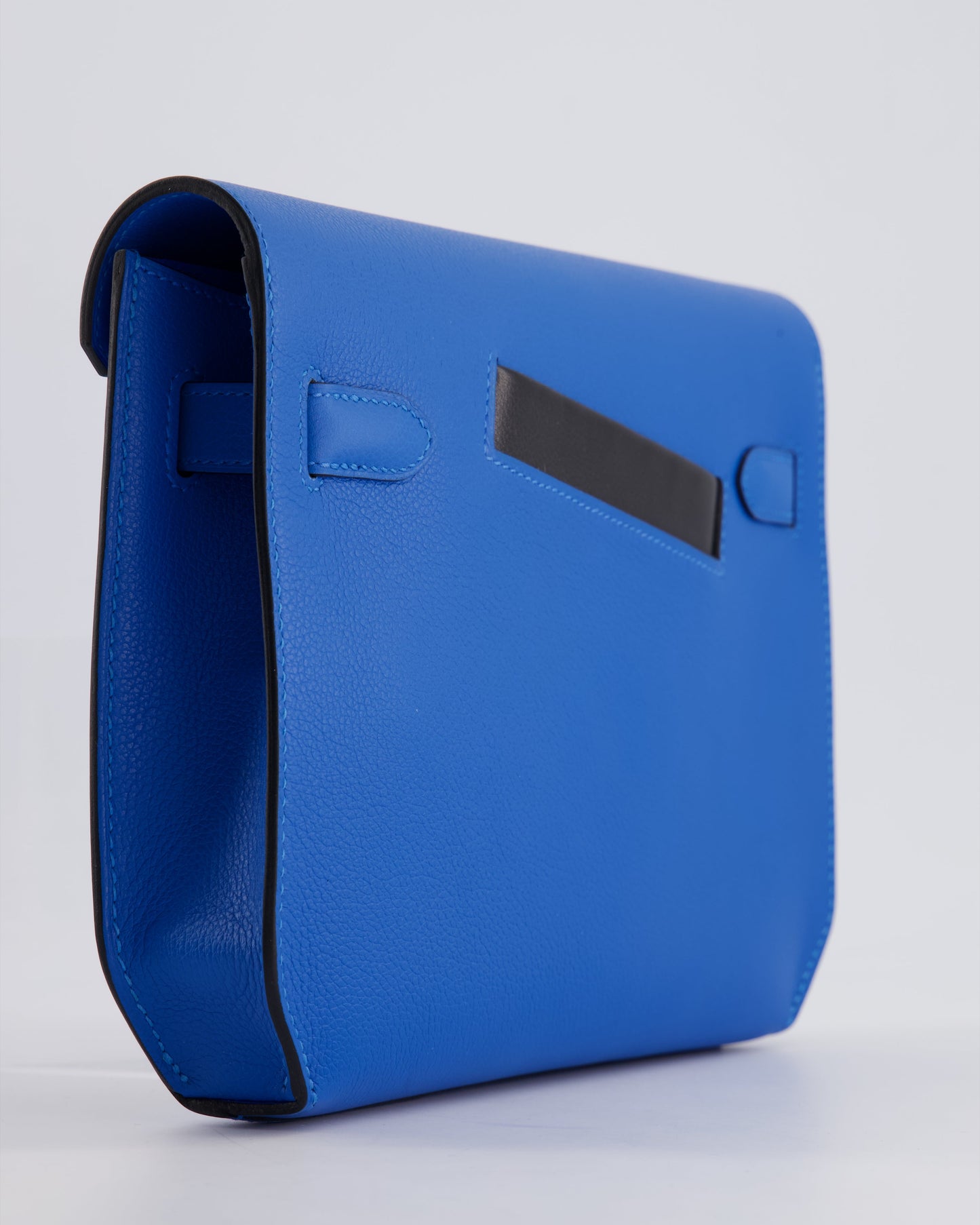 *HOT* Hermès Kelly Depeches Pouch 25cm Bag in Bleu Hydra Evercolour, Noir Evergrain & Fauve Barenia Leather with Palladium Hardware