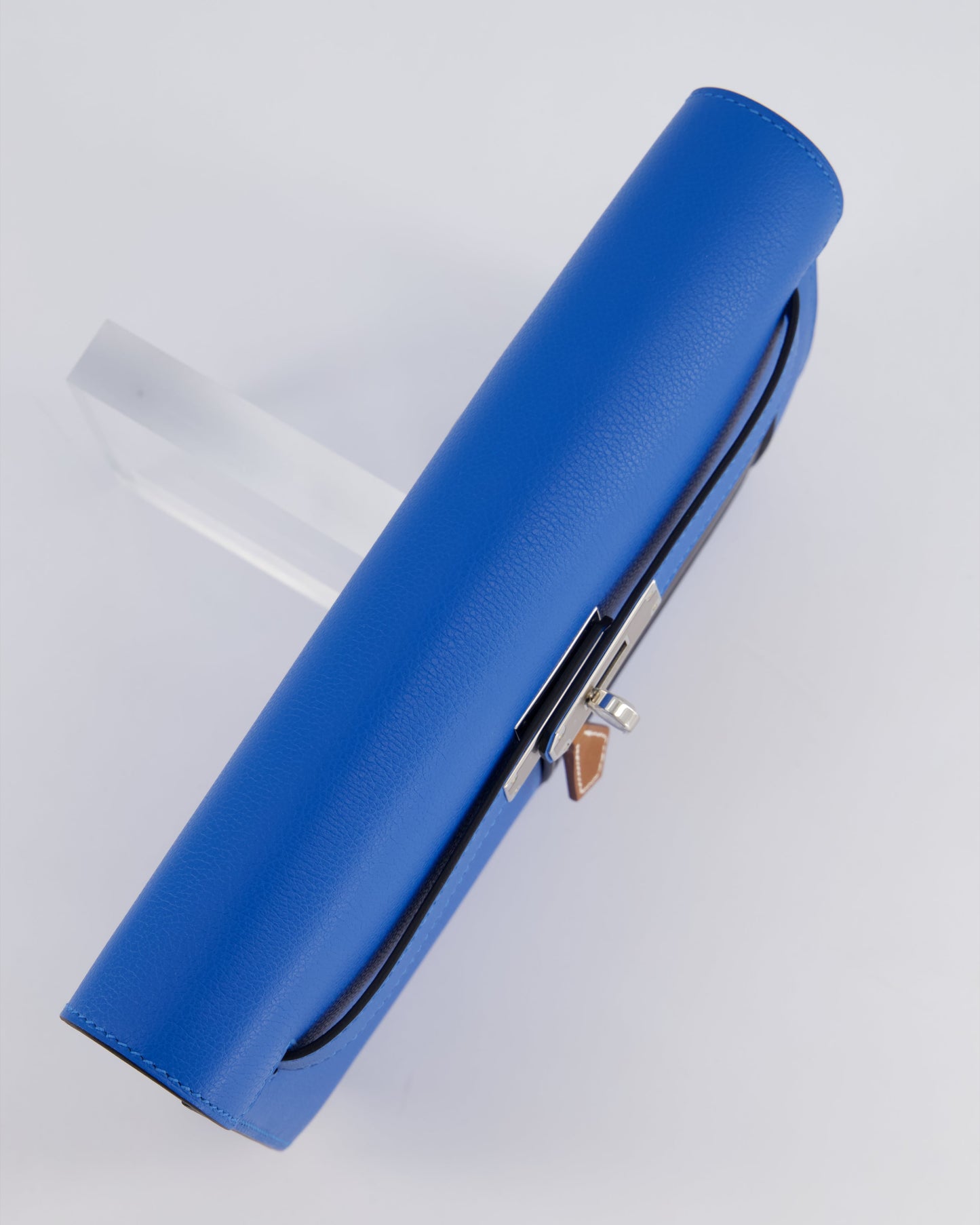 *HOT* Hermès Kelly Depeches Pouch 25cm Bag in Bleu Hydra Evercolour, Noir Evergrain & Fauve Barenia Leather with Palladium Hardware