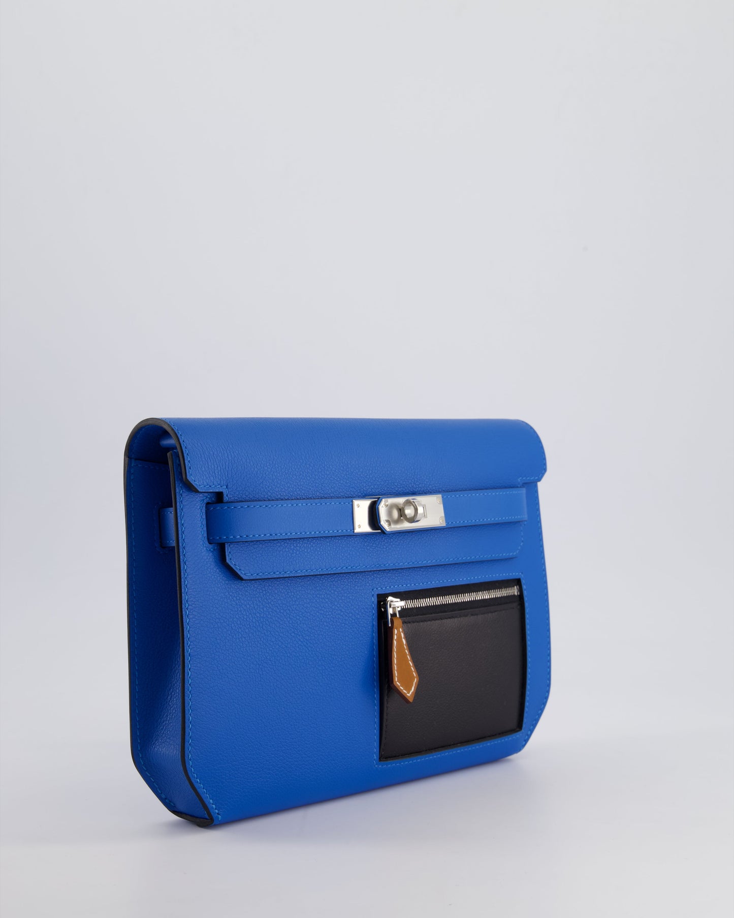 *HOT* Hermès Kelly Depeches Pouch 25cm Bag in Bleu Hydra Evercolour, Noir Evergrain & Fauve Barenia Leather with Palladium Hardware