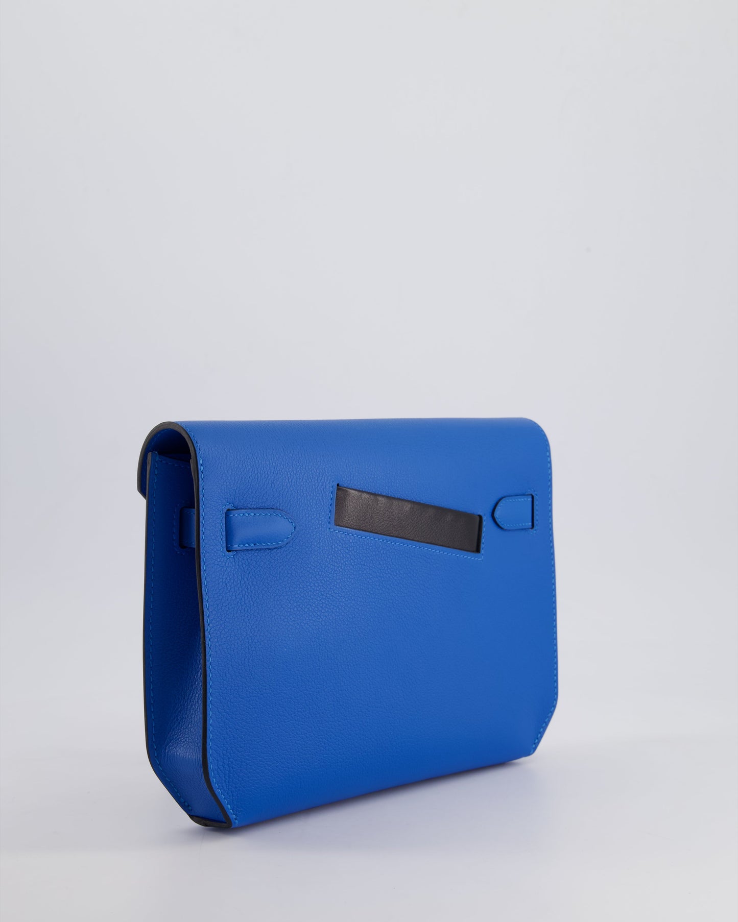 *HOT* Hermès Kelly Depeches Pouch 25cm Bag in Bleu Hydra Evercolour, Noir Evergrain & Fauve Barenia Leather with Palladium Hardware
