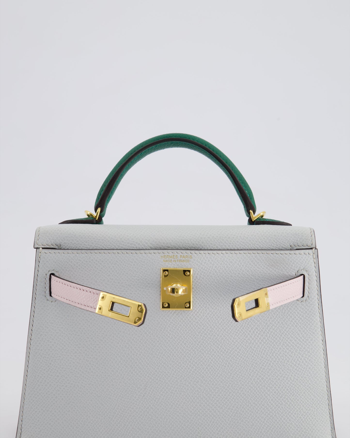 *NEW COLOURS* Hermès Mini Kelly II Tricolour 20cm Bag In Gris Platine, Mauve Pale and Vert Moyen Epsom Leather with Gold Hardware